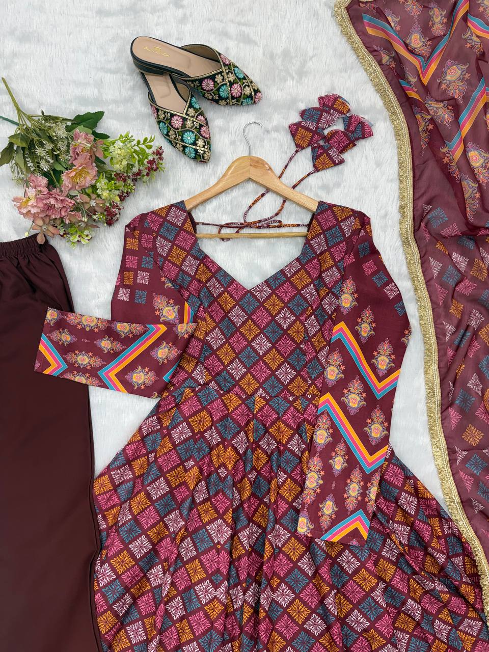 Maroon Printed Maslin Gown with Pant and Dupatta