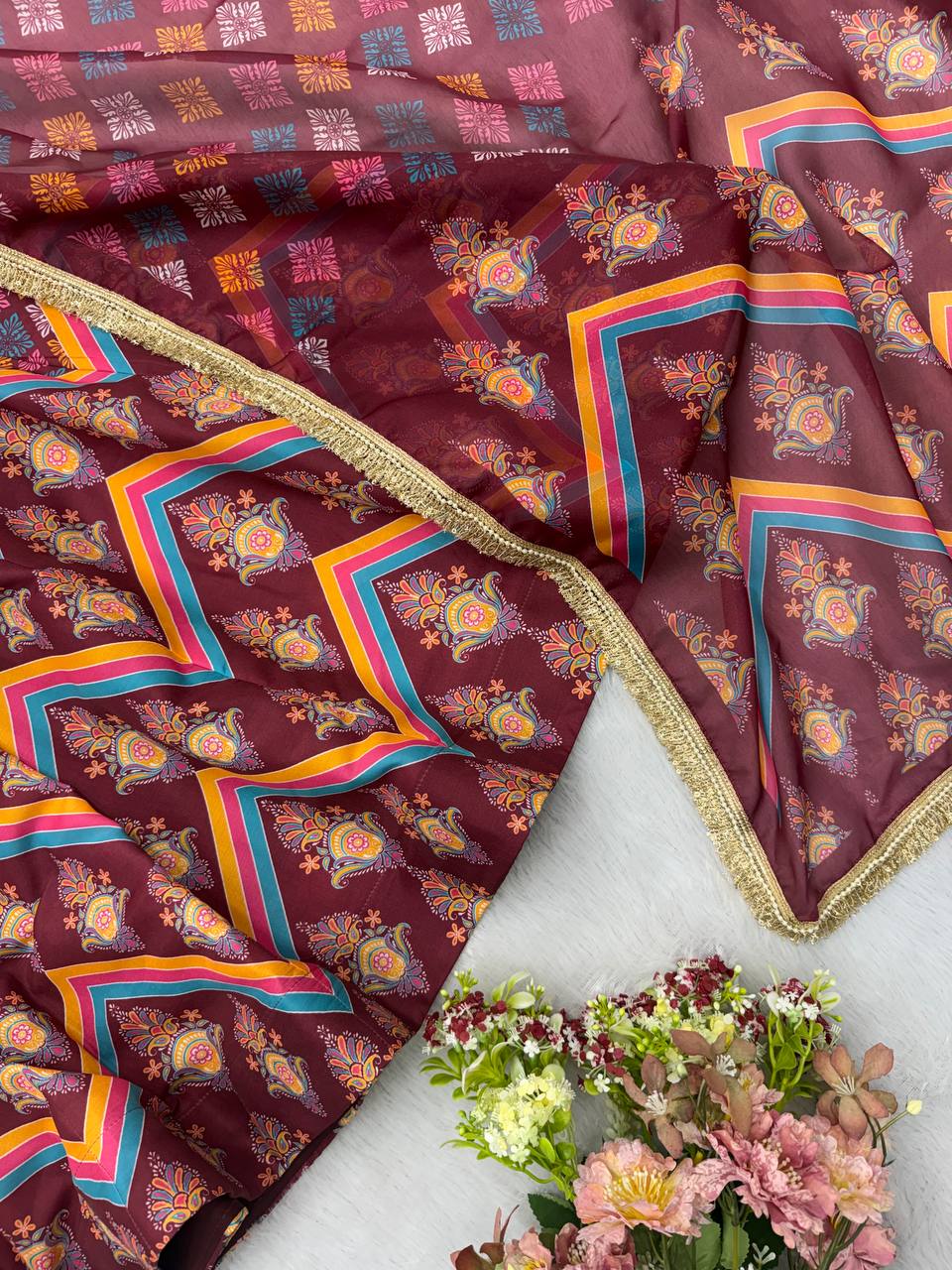Maroon Printed Maslin Gown with Pant and Dupatta