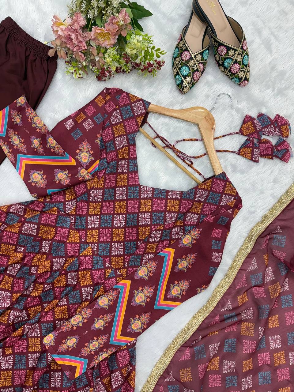Maroon Printed Maslin Gown with Pant and Dupatta