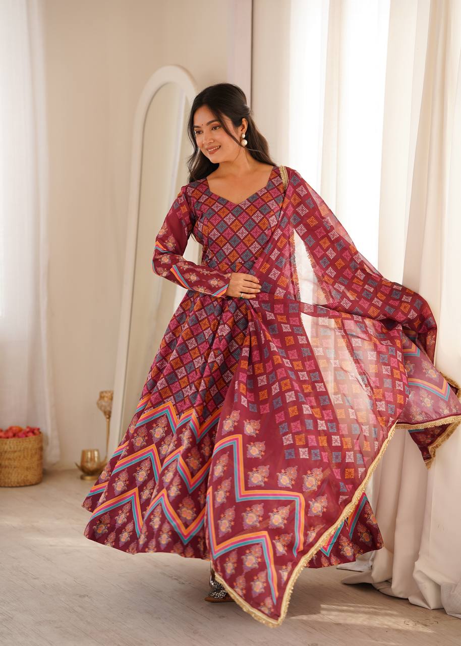 Maroon Printed Maslin Gown with Pant and Dupatta