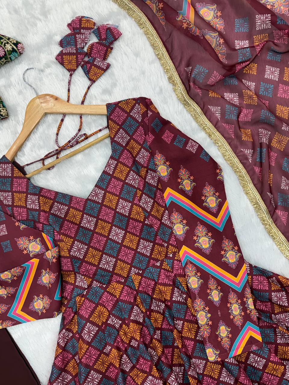 Maroon Printed Maslin Gown with Pant and Dupatta