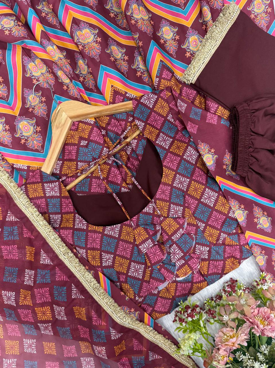 Maroon Printed Maslin Gown with Pant and Dupatta