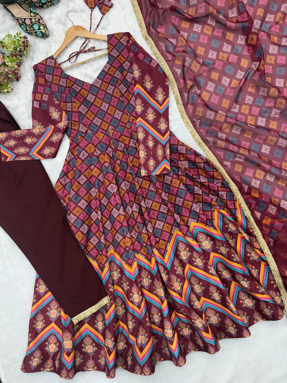Maroon Printed Maslin Gown with Pant and Dupatta