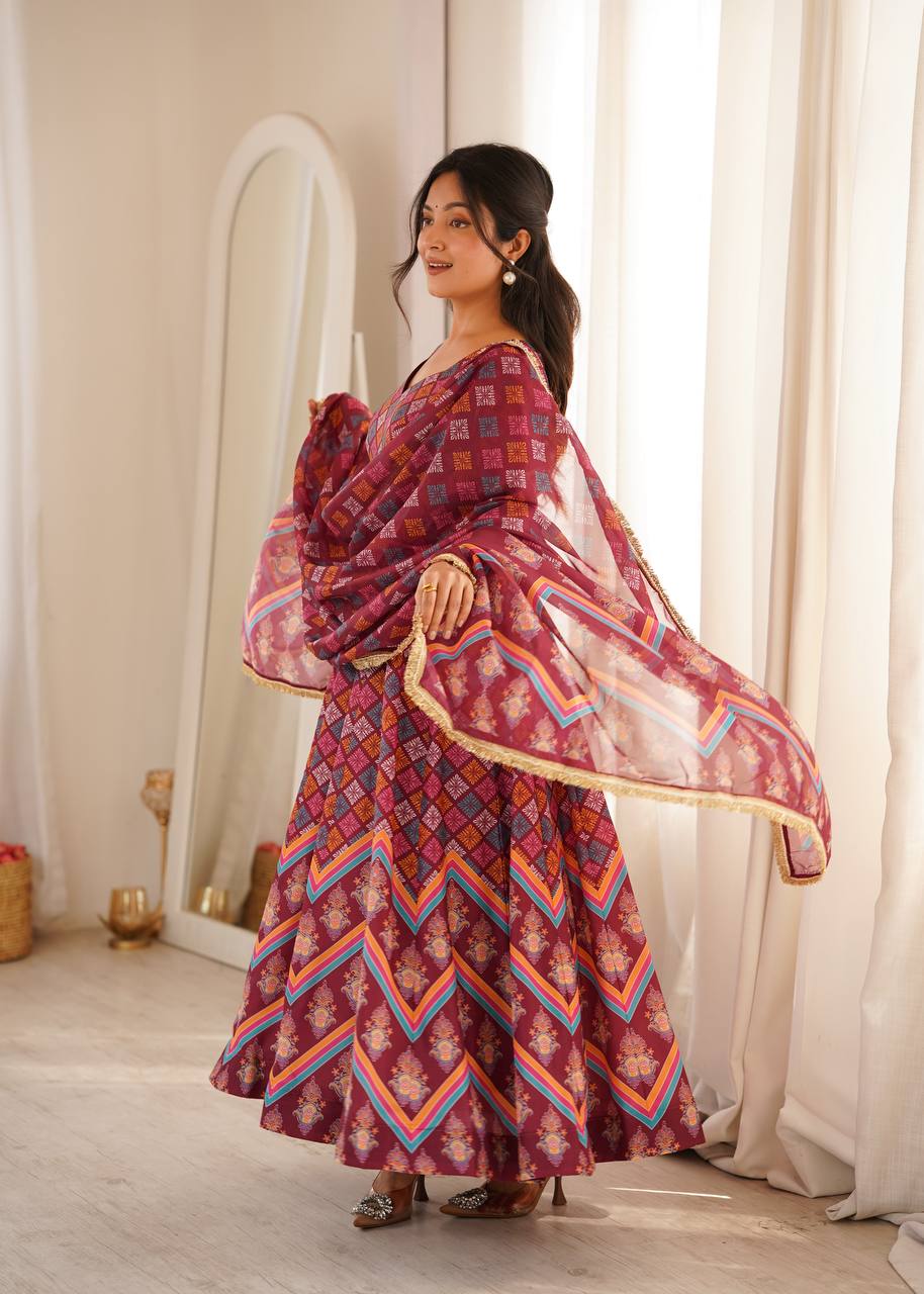 Maroon Printed Maslin Gown with Pant and Dupatta