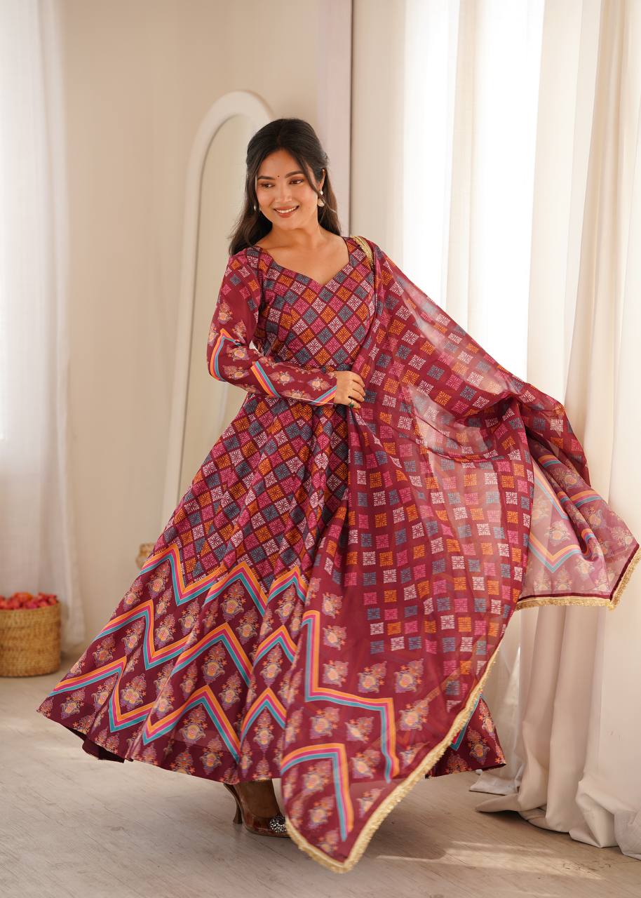 Maroon Printed Maslin Gown with Pant and Dupatta