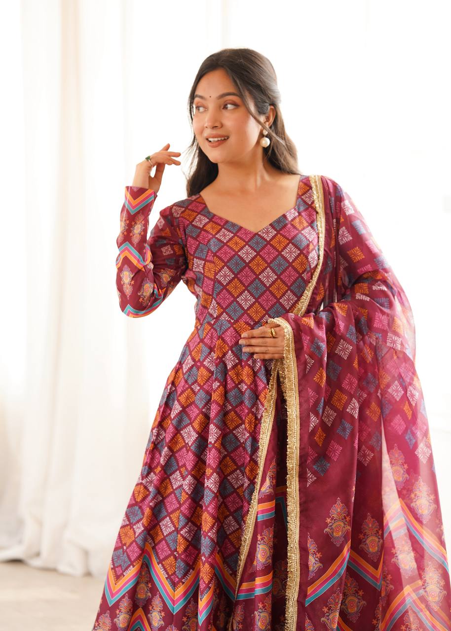 Maroon Printed Maslin Gown with Pant and Dupatta