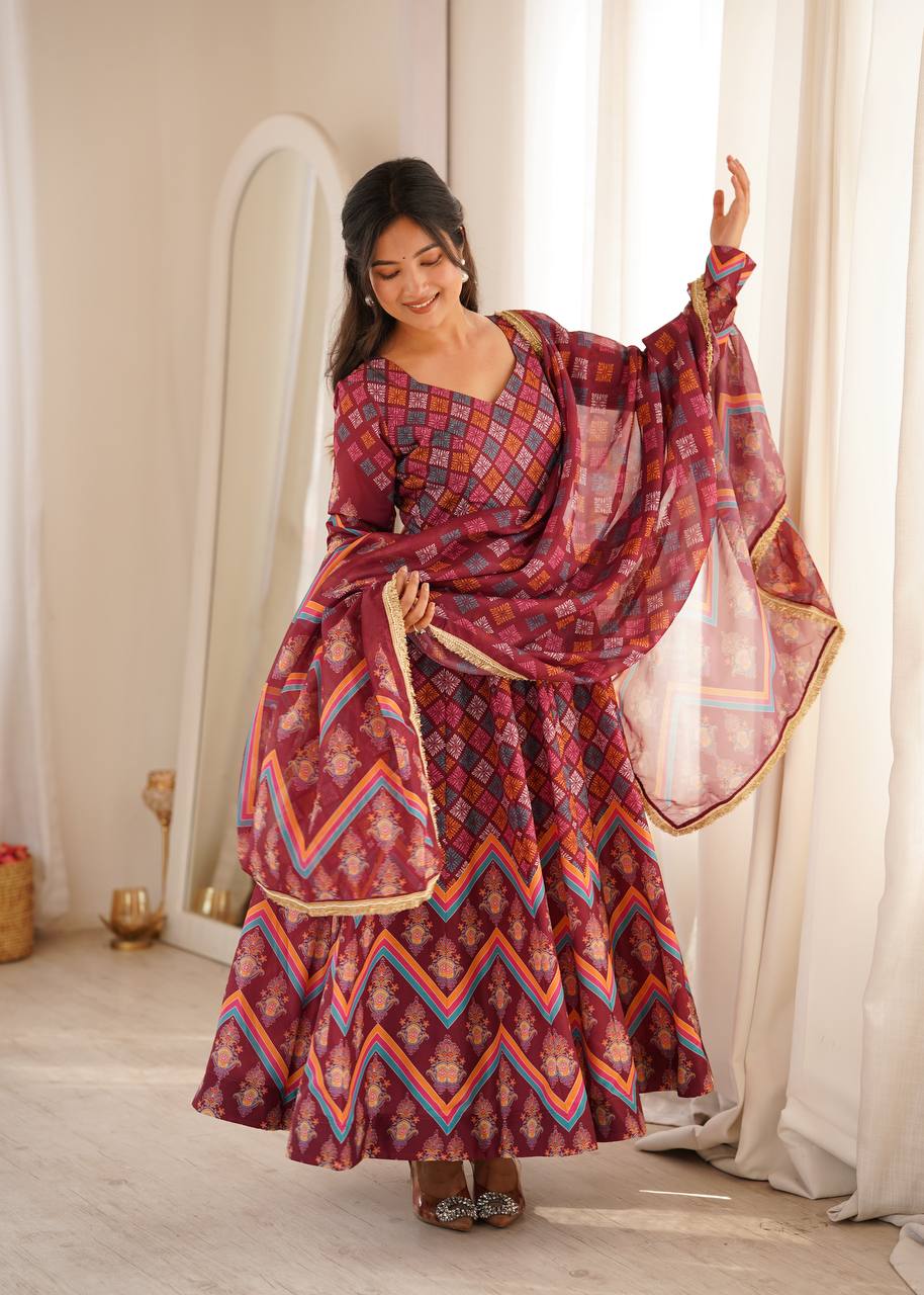 Maroon Printed Maslin Gown with Pant and Dupatta