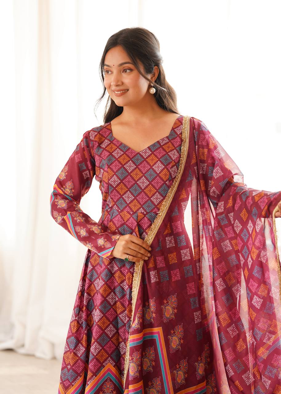 Maroon Printed Maslin Gown with Pant and Dupatta