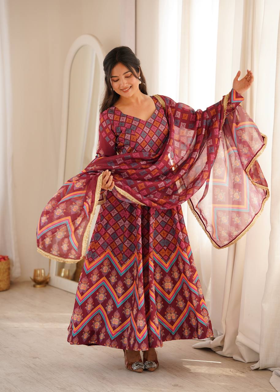 Maroon Printed Maslin Gown with Pant and Dupatta