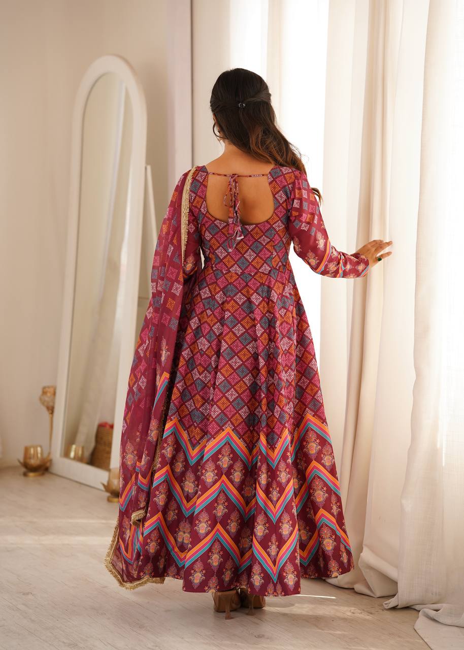Maroon Printed Maslin Gown with Pant and Dupatta