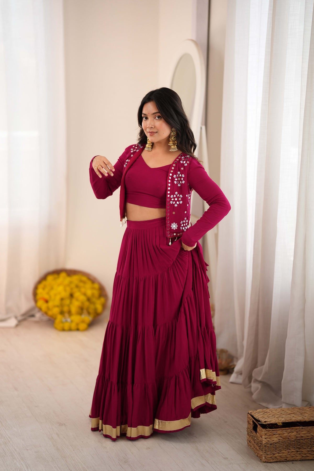 Maroon Reyon Lehenga Choli with Mirror Work Koti