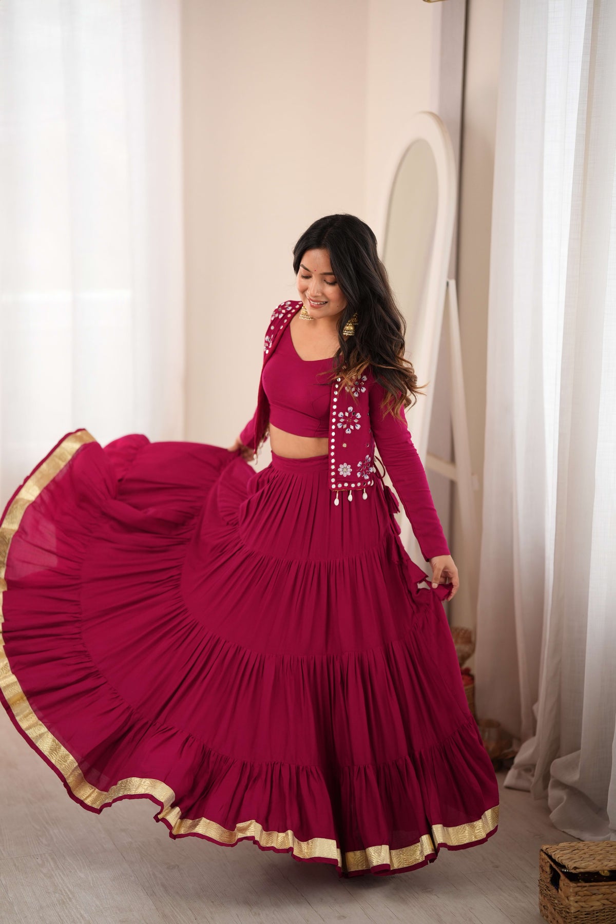 Maroon Reyon Lehenga Choli with Mirror Work Koti