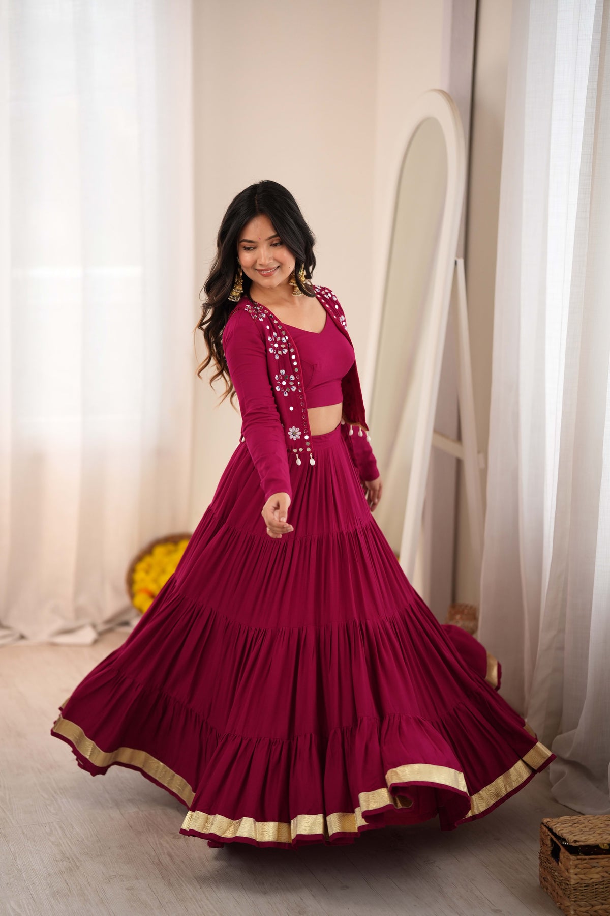 Maroon Reyon Lehenga Choli with Mirror Work Koti
