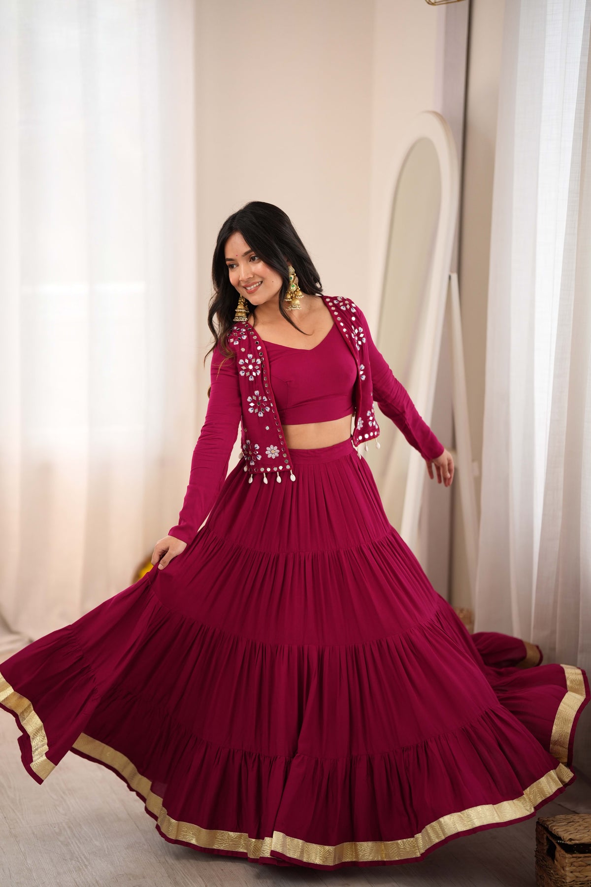 Maroon Reyon Lehenga Choli with Mirror Work Koti