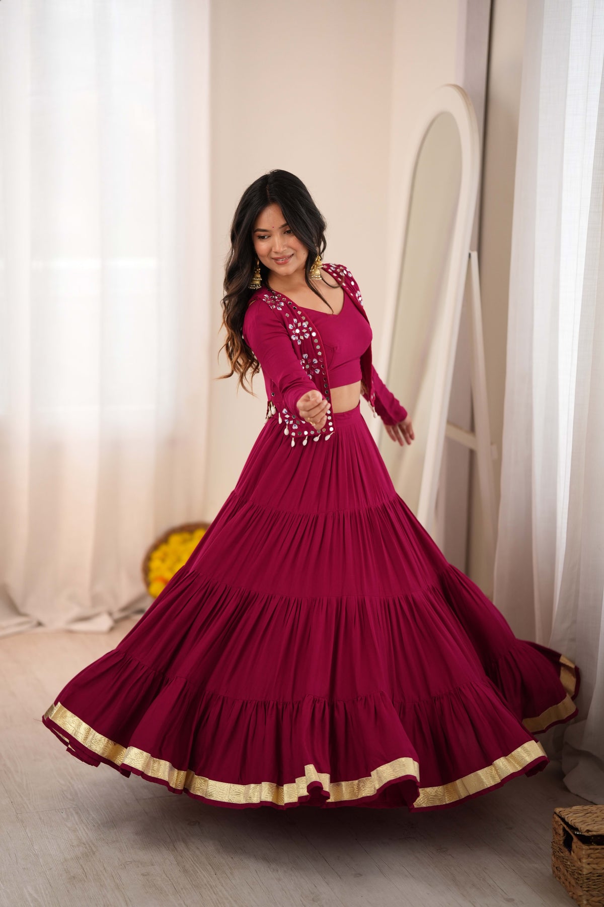 Maroon Reyon Lehenga Choli with Mirror Work Koti