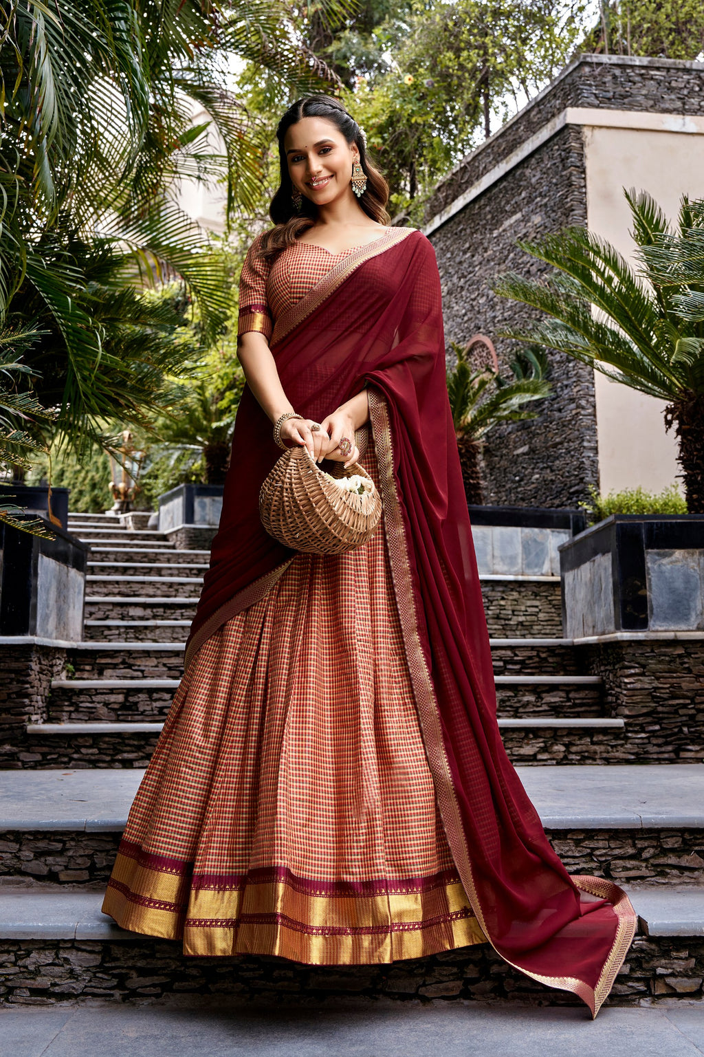 Maroon South Indian Kanchi Cotton Chex Lehenga Choli in Maroon