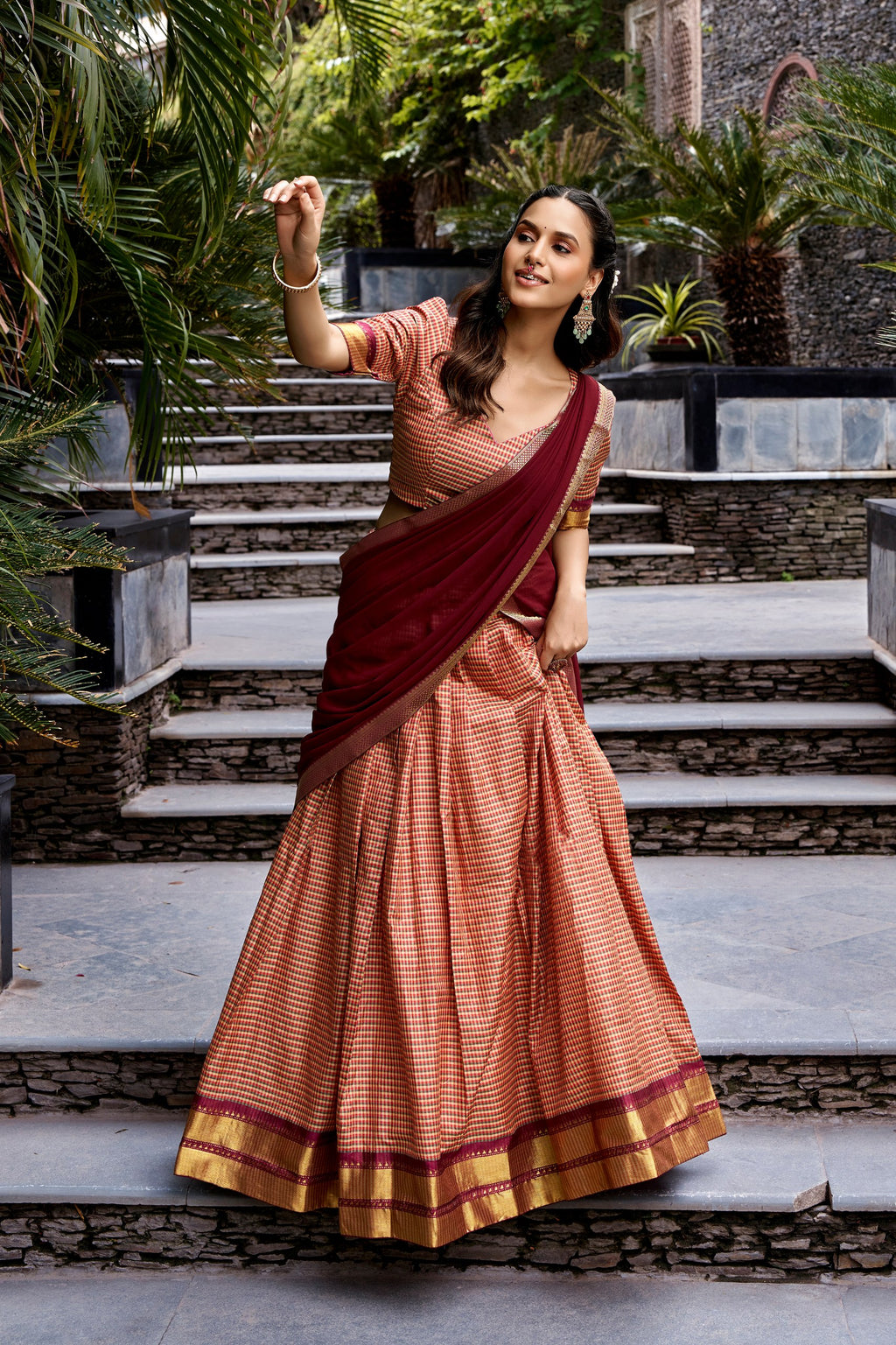 Maroon South Indian Kanchi Cotton Chex Lehenga Choli in Maroon