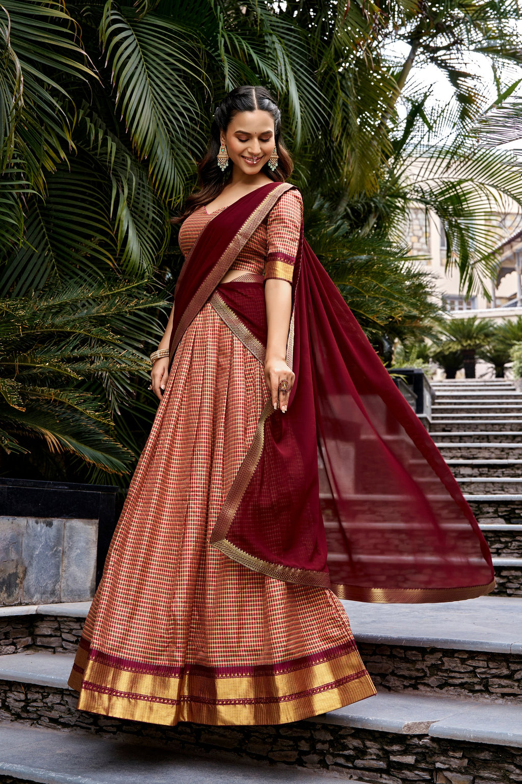 Maroon South Indian Kanchi Cotton Chex Lehenga Choli in Maroon