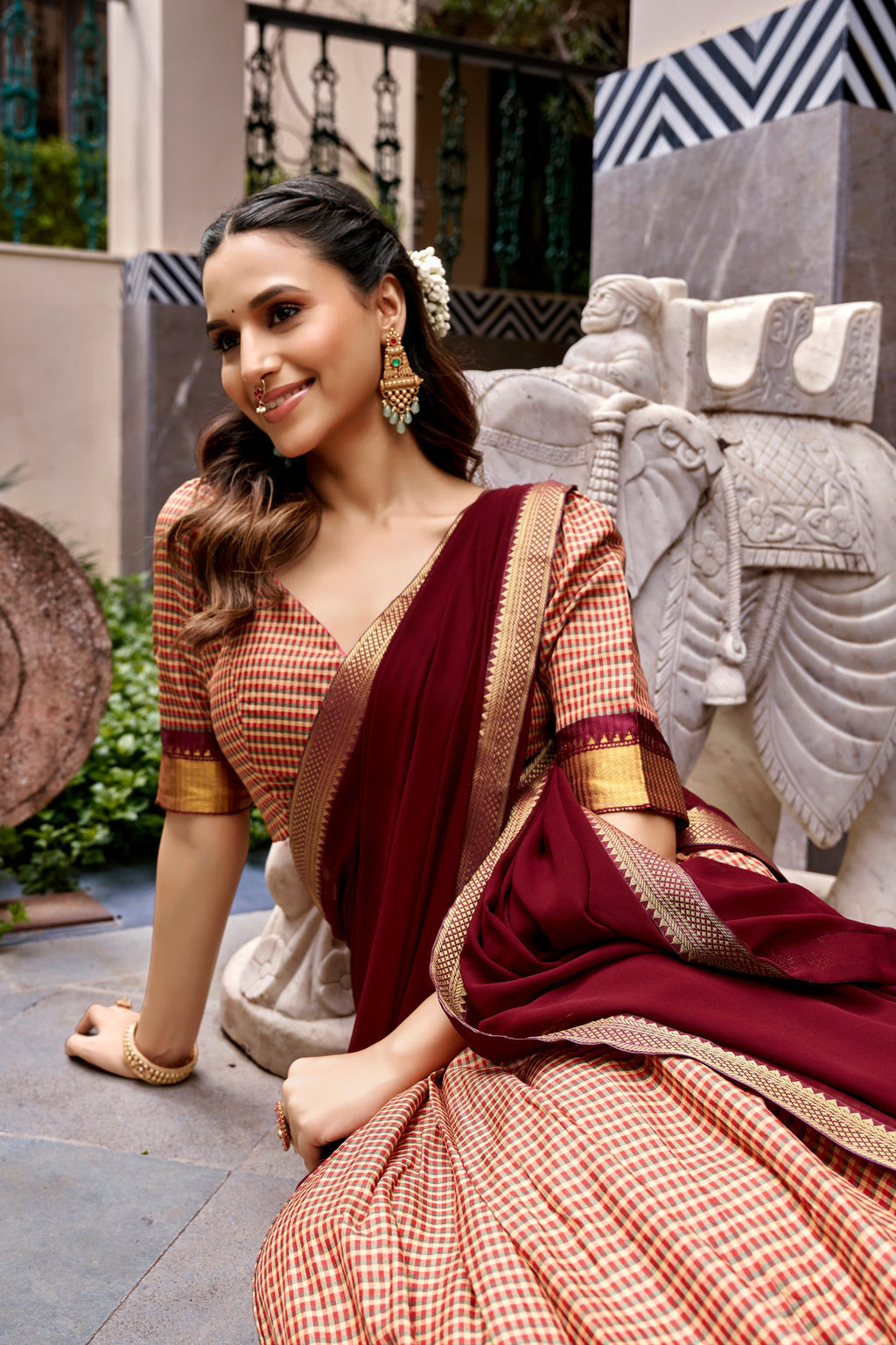Maroon South Indian Kanchi Cotton Chex Lehenga Choli in Maroon