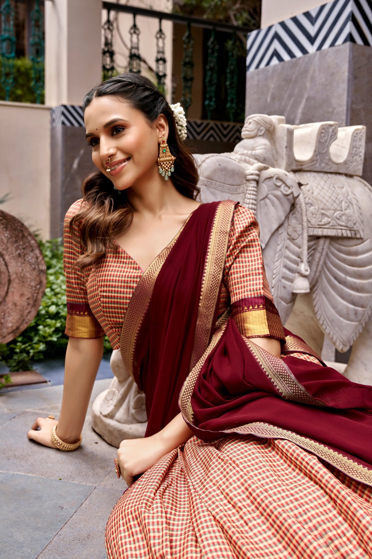 Maroon South Indian Kanchi Cotton Chex Lehenga Choli in Maroon