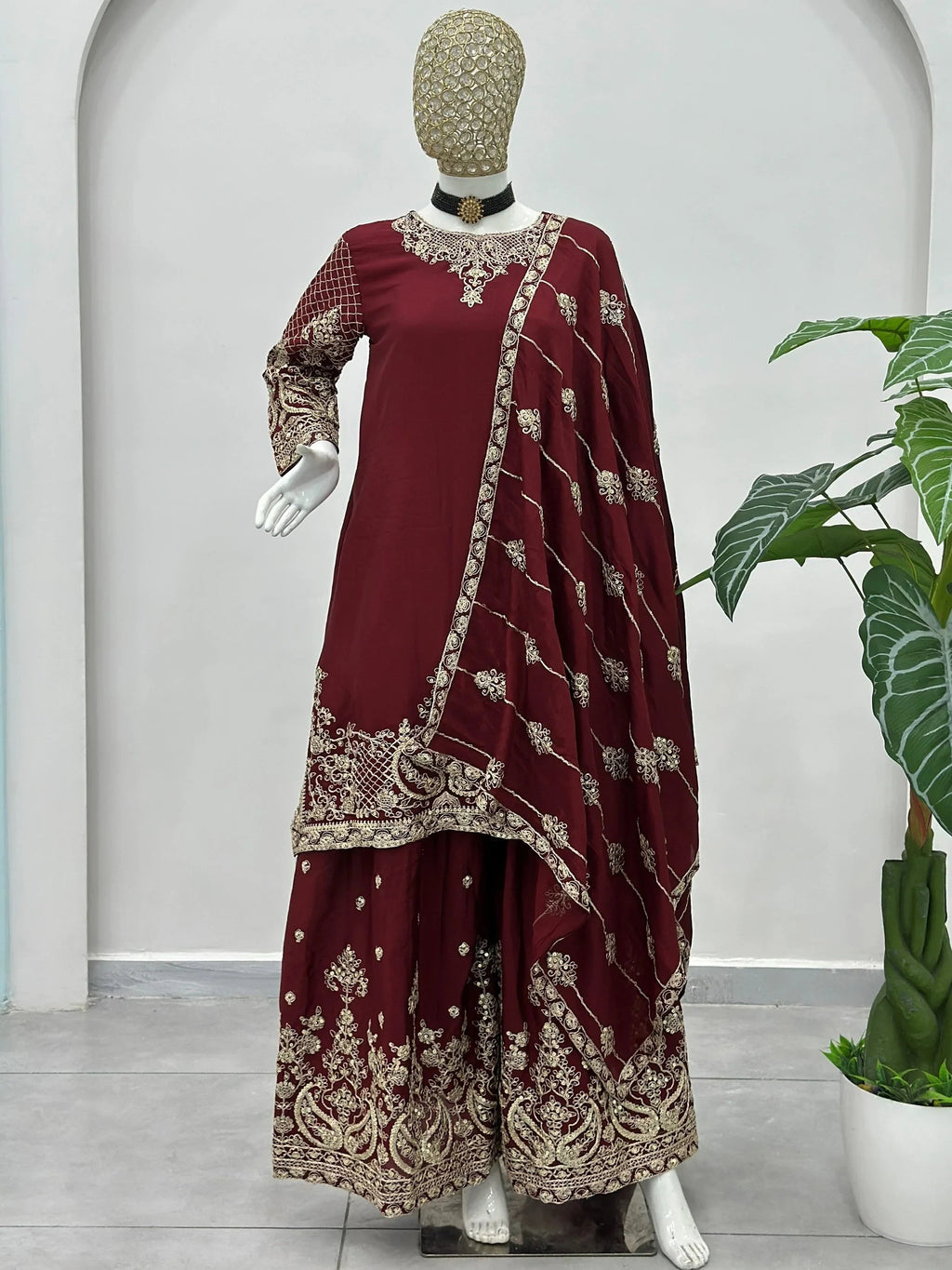 Maroon Precious Zari Embroidered Chinon Festive Wear Palazzo Suit