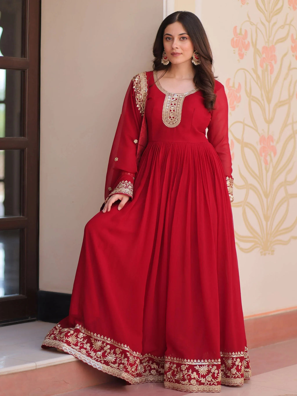 Maroon Awesome Georgette Zari Embroidered Gown With Dupatta