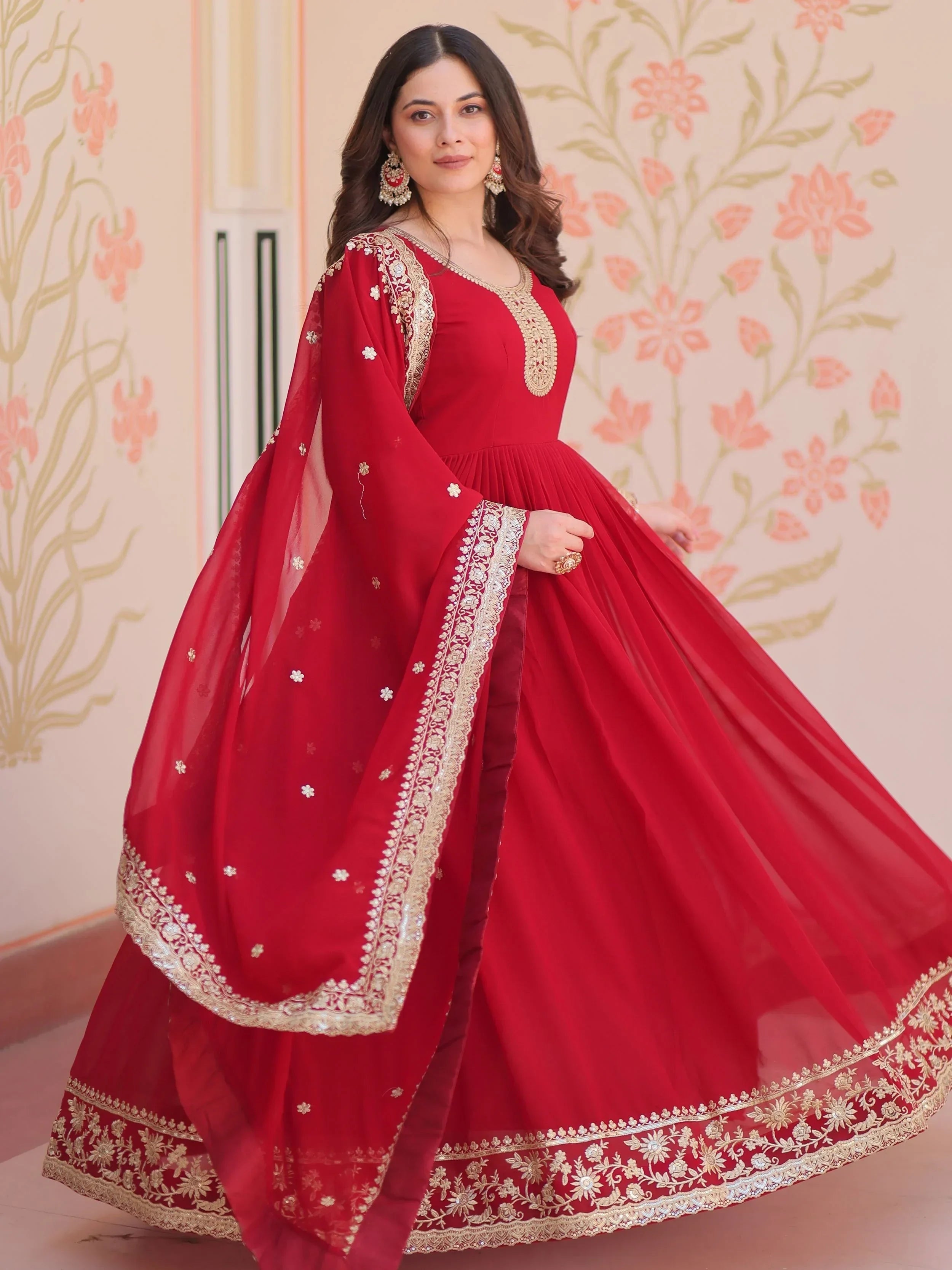 Maroon Awesome Georgette Zari Embroidered Gown With Dupatta