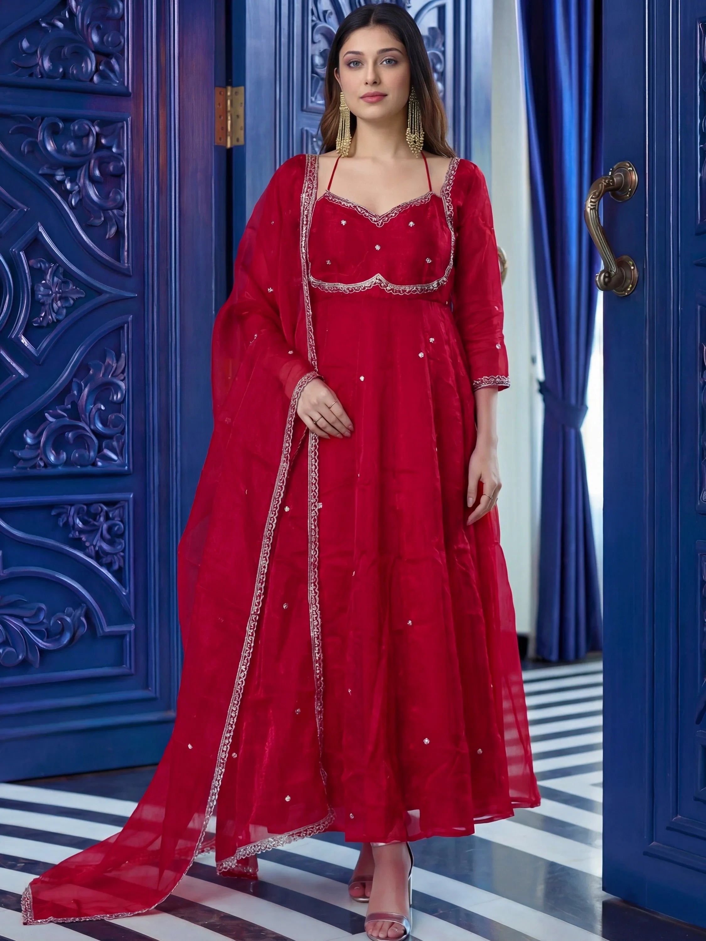 Maroon Beautiful Sequins Silk Haldi Wear Anarkali Gown