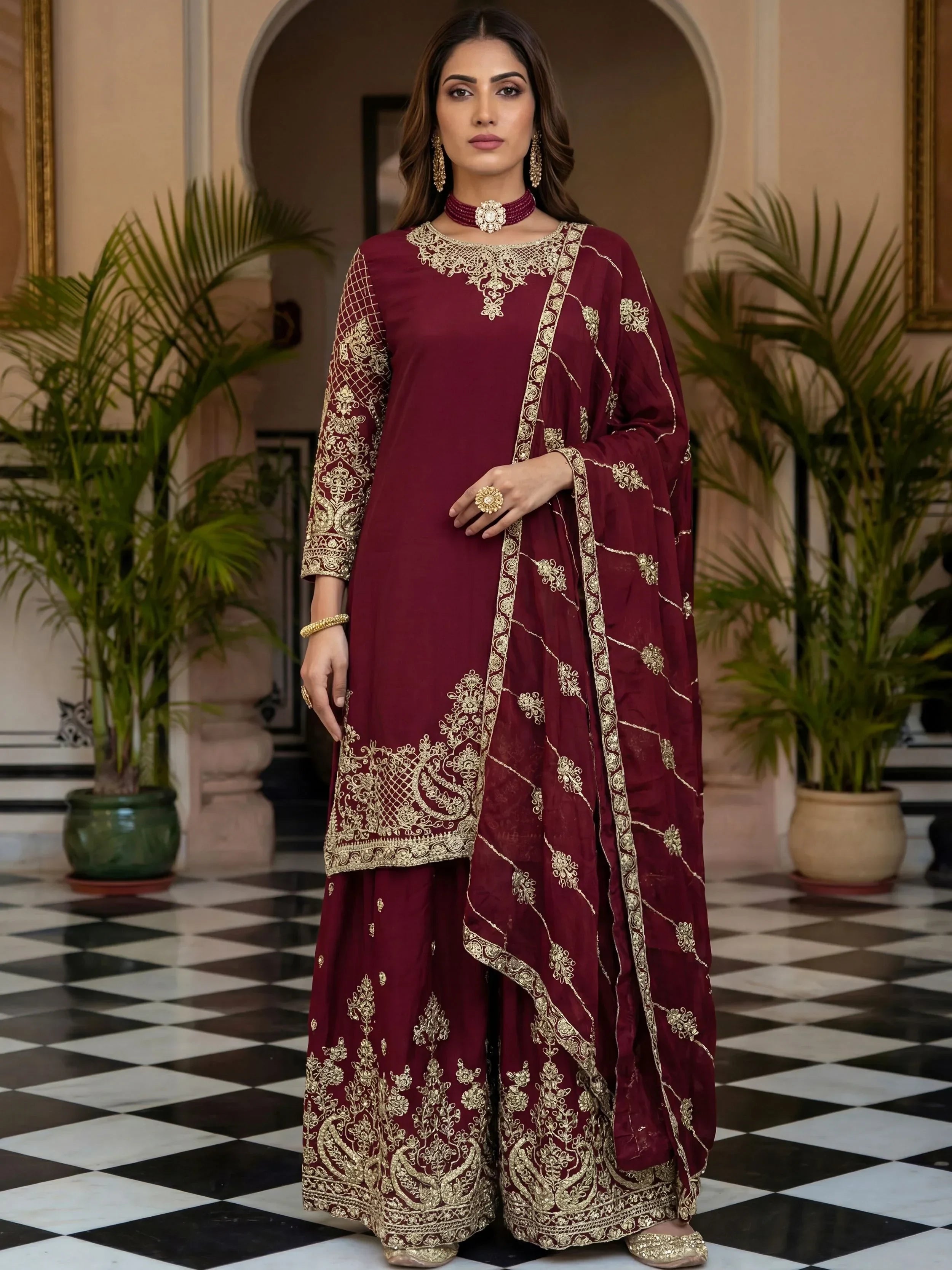 Maroon Precious Zari Embroidered Chinon Festive Wear Palazzo Suit