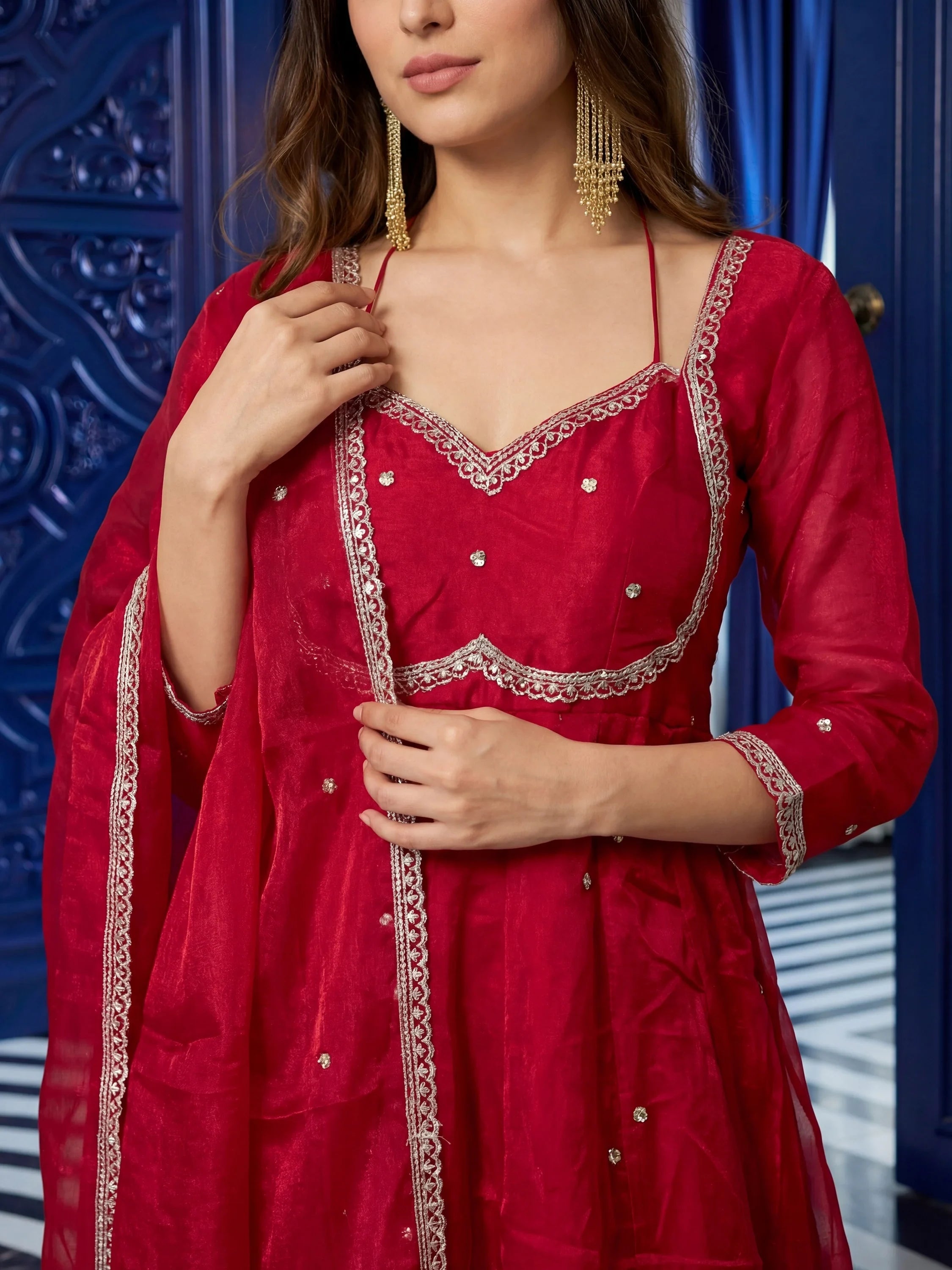 Maroon Beautiful Sequins Silk Haldi Wear Anarkali Gown