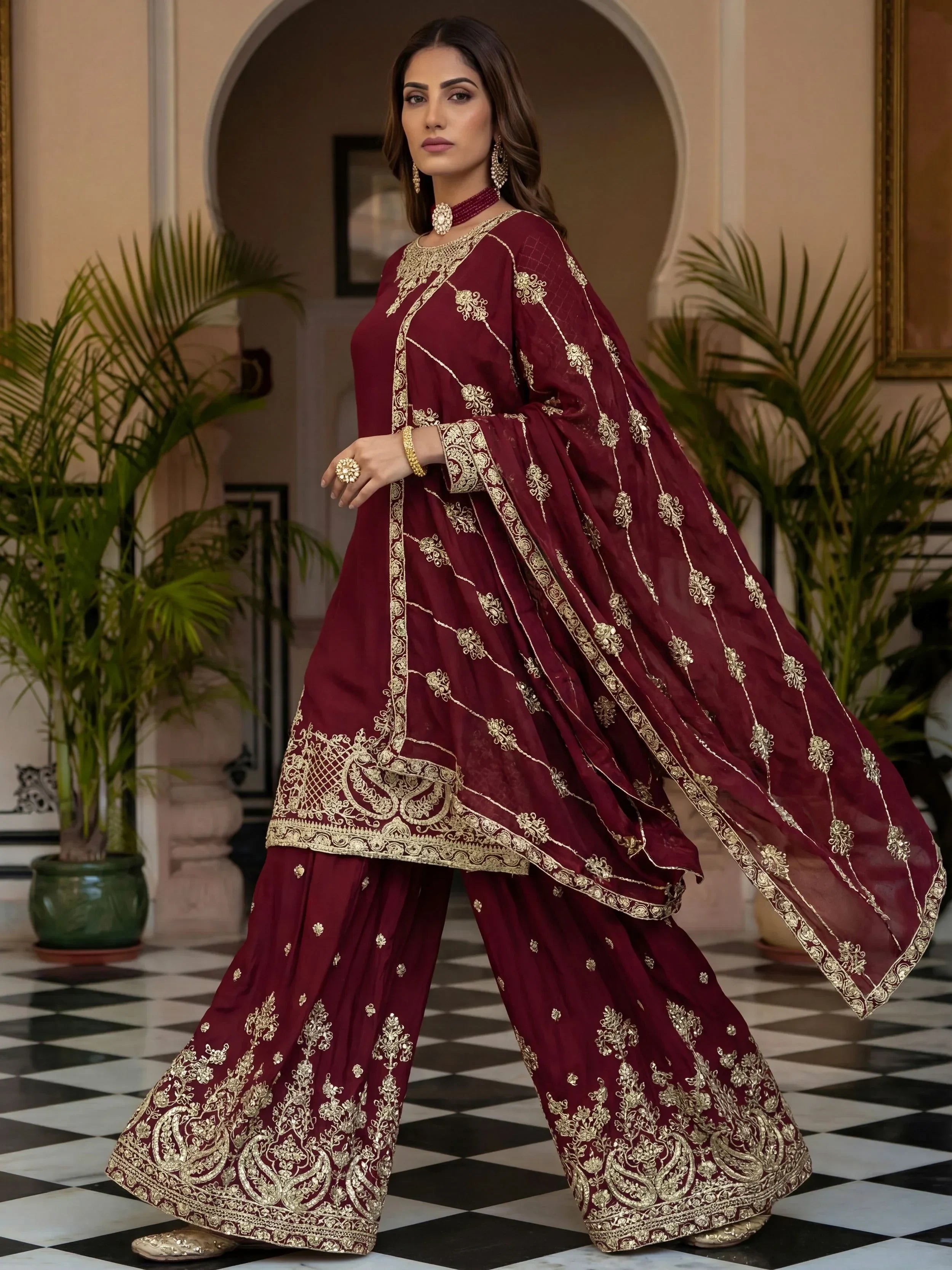 Maroon Precious Zari Embroidered Chinon Festive Wear Palazzo Suit