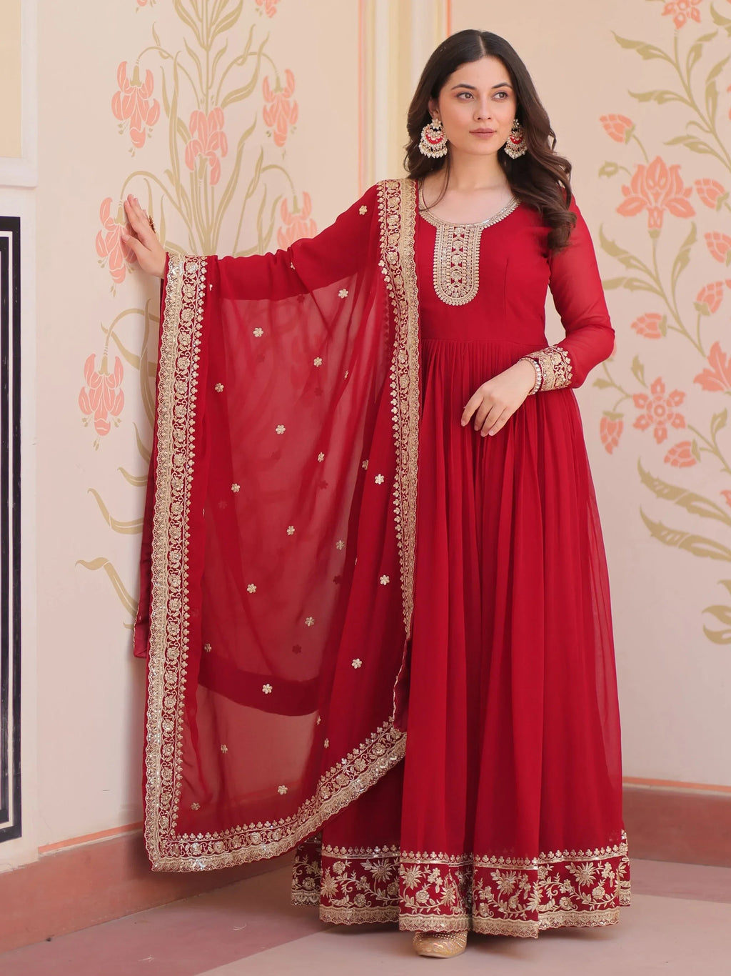 Maroon Awesome Georgette Zari Embroidered Gown With Dupatta