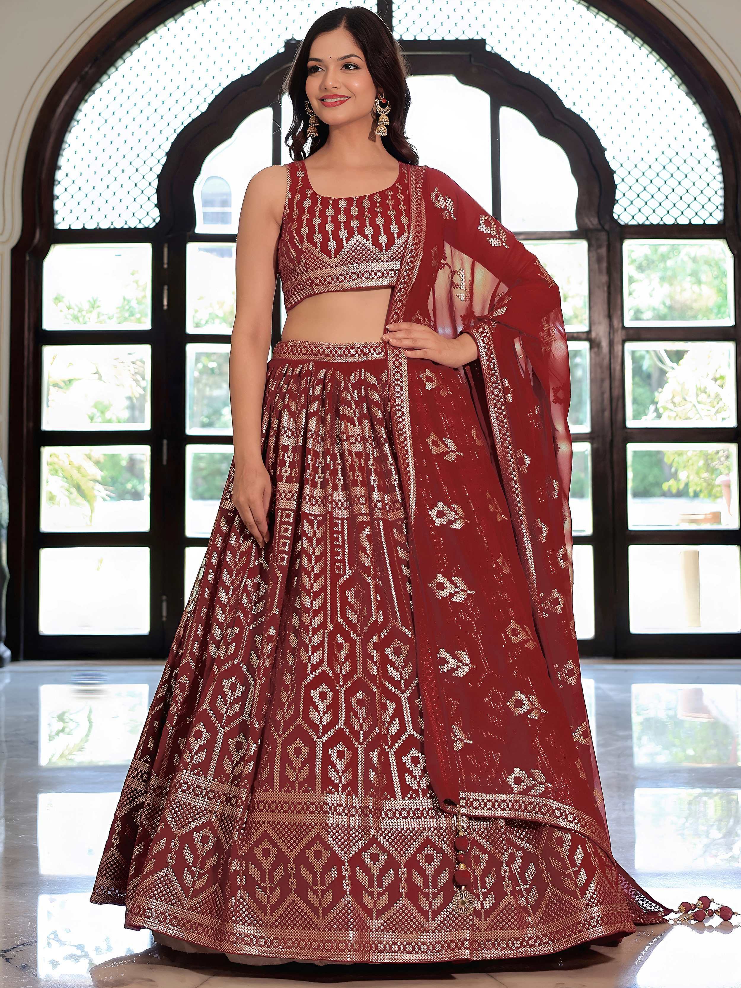 Maroon Lovely Sequins Georgette Sangeet Wear Lehenga Choli With Dupatta