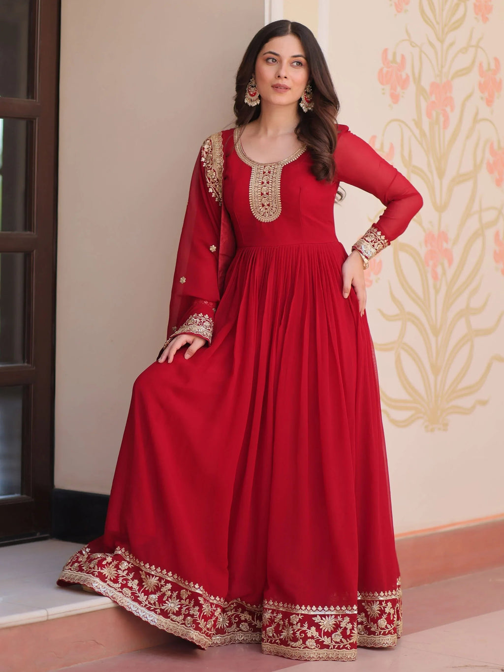 Maroon Awesome Georgette Zari Embroidered Gown With Dupatta