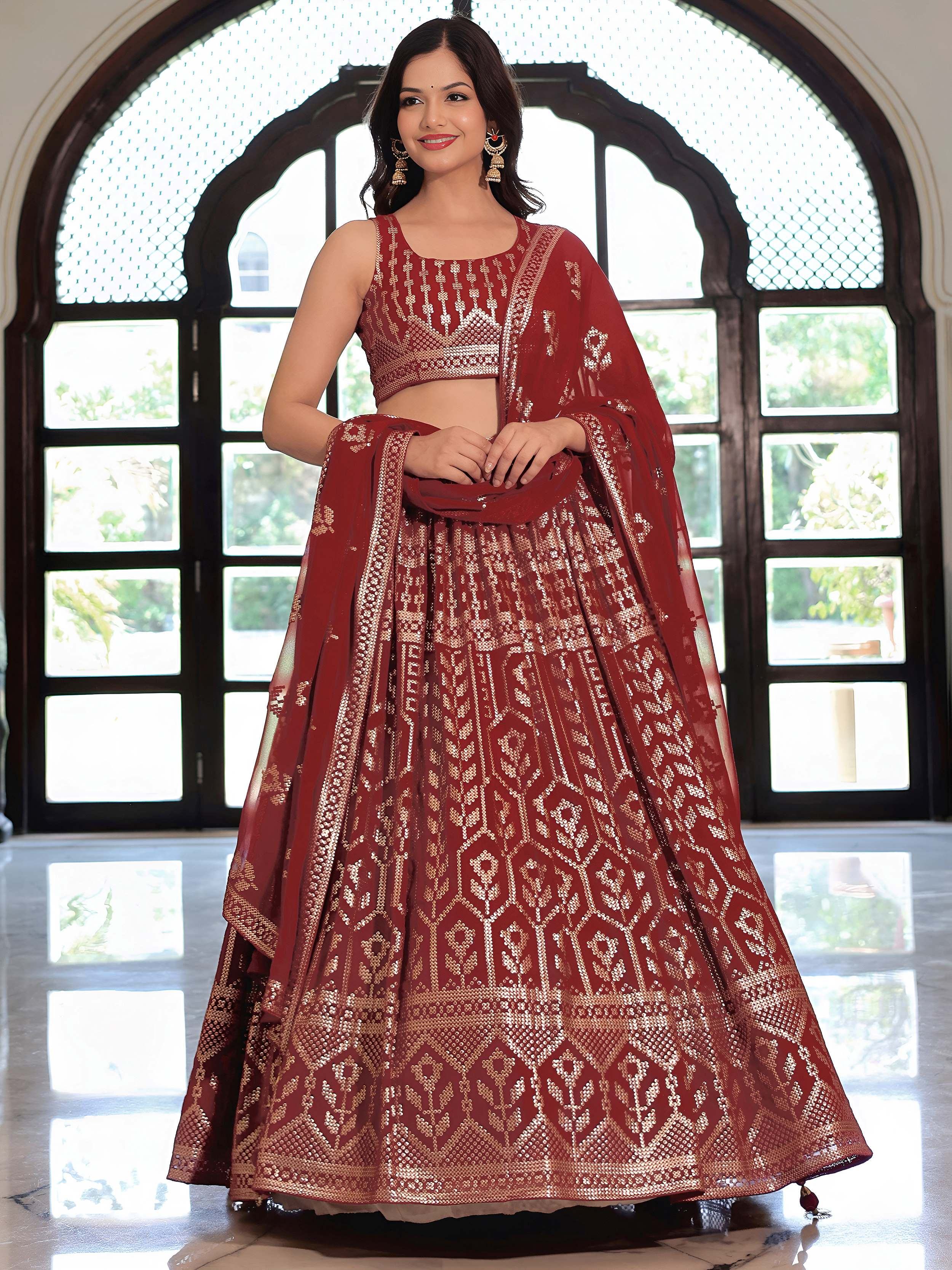 Maroon Lovely Sequins Georgette Sangeet Wear Lehenga Choli With Dupatta