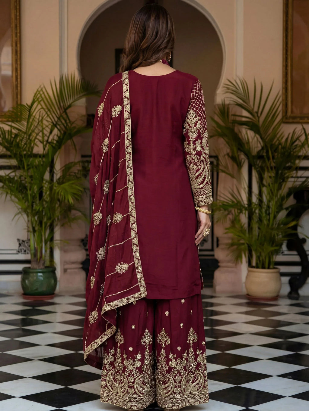 Maroon Precious Zari Embroidered Chinon Festive Wear Palazzo Suit