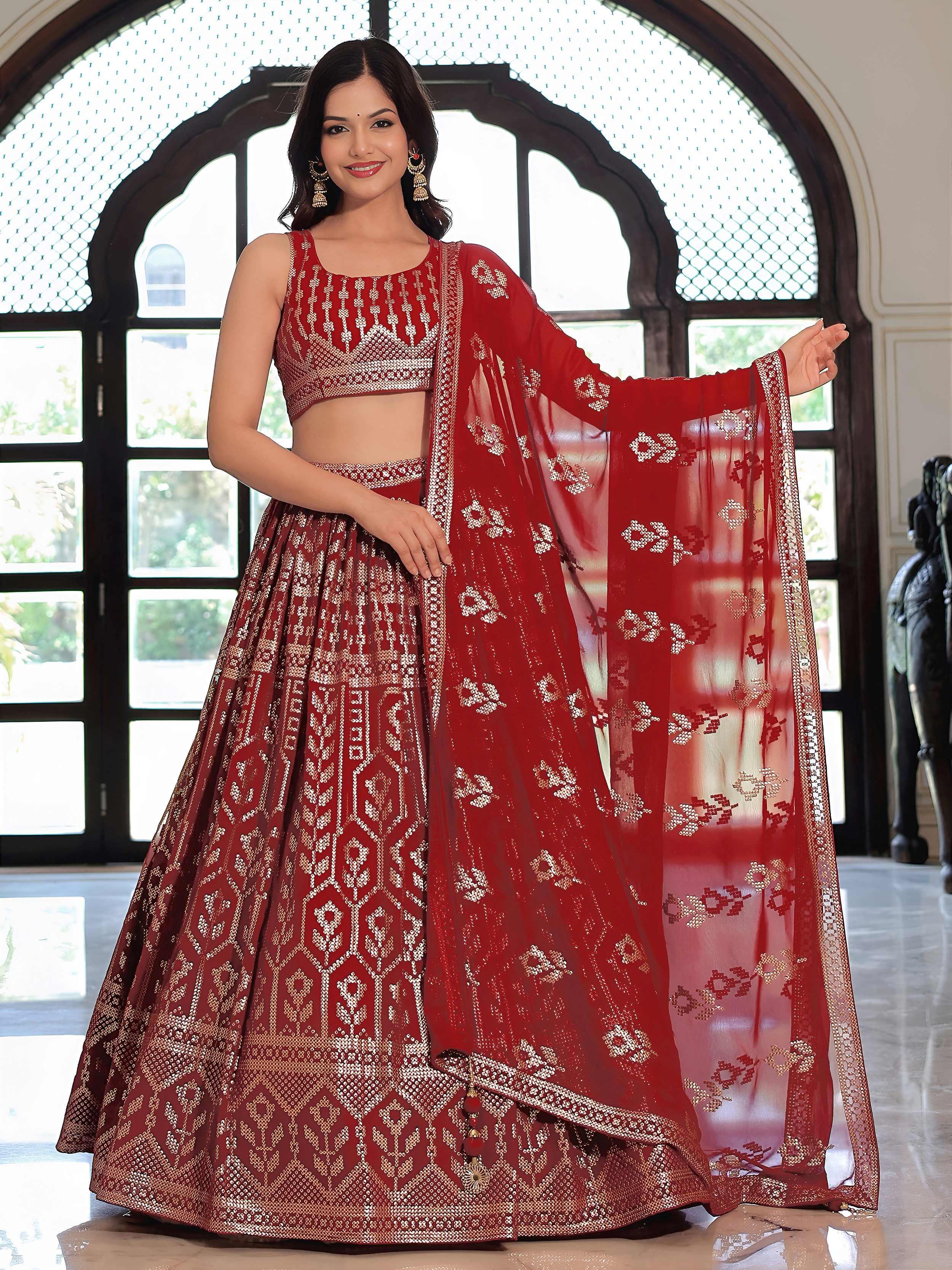 Maroon Lovely Sequins Georgette Sangeet Wear Lehenga Choli With Dupatta