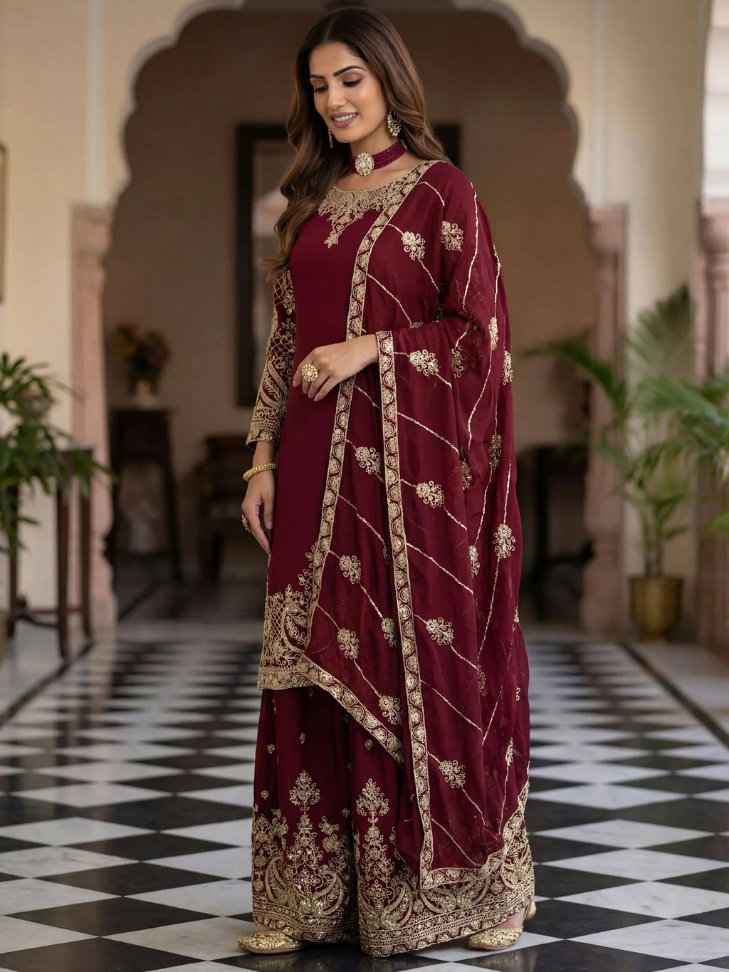 Maroon Precious Zari Embroidered Chinon Festive Wear Palazzo Suit