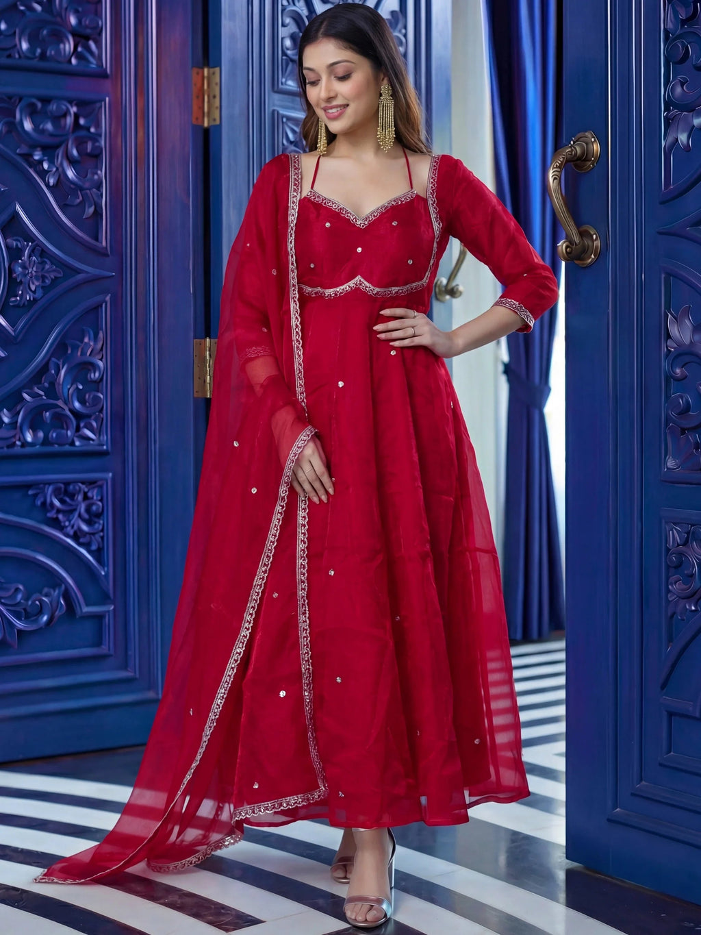 Maroon Beautiful Sequins Silk Haldi Wear Anarkali Gown