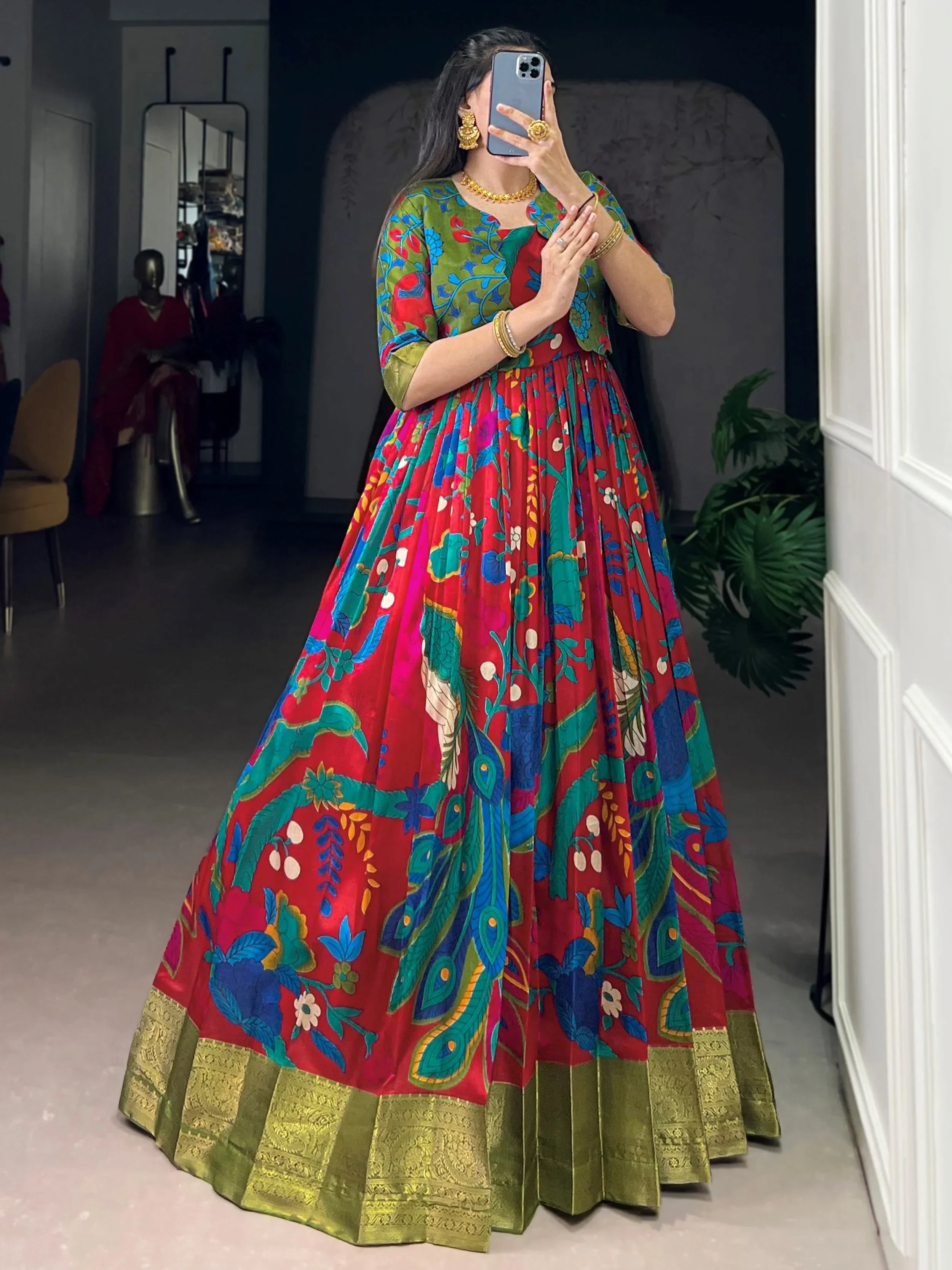Adorable Maroon Kalamkari Printed Silk Wedding Wear Gown With Koti