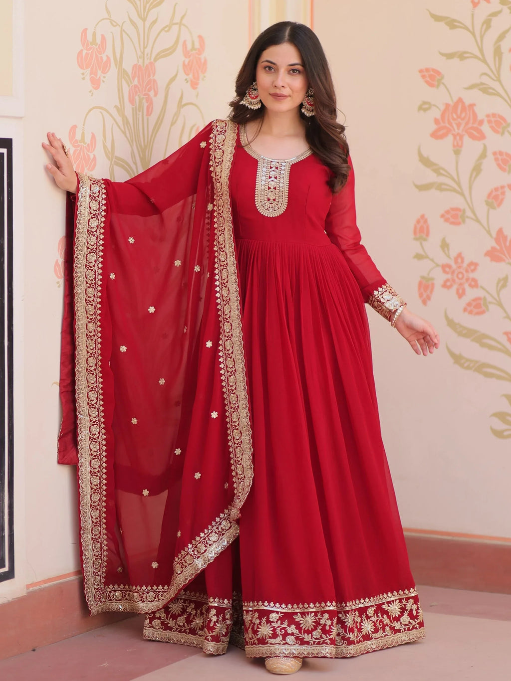 Maroon Awesome Georgette Zari Embroidered Gown With Dupatta
