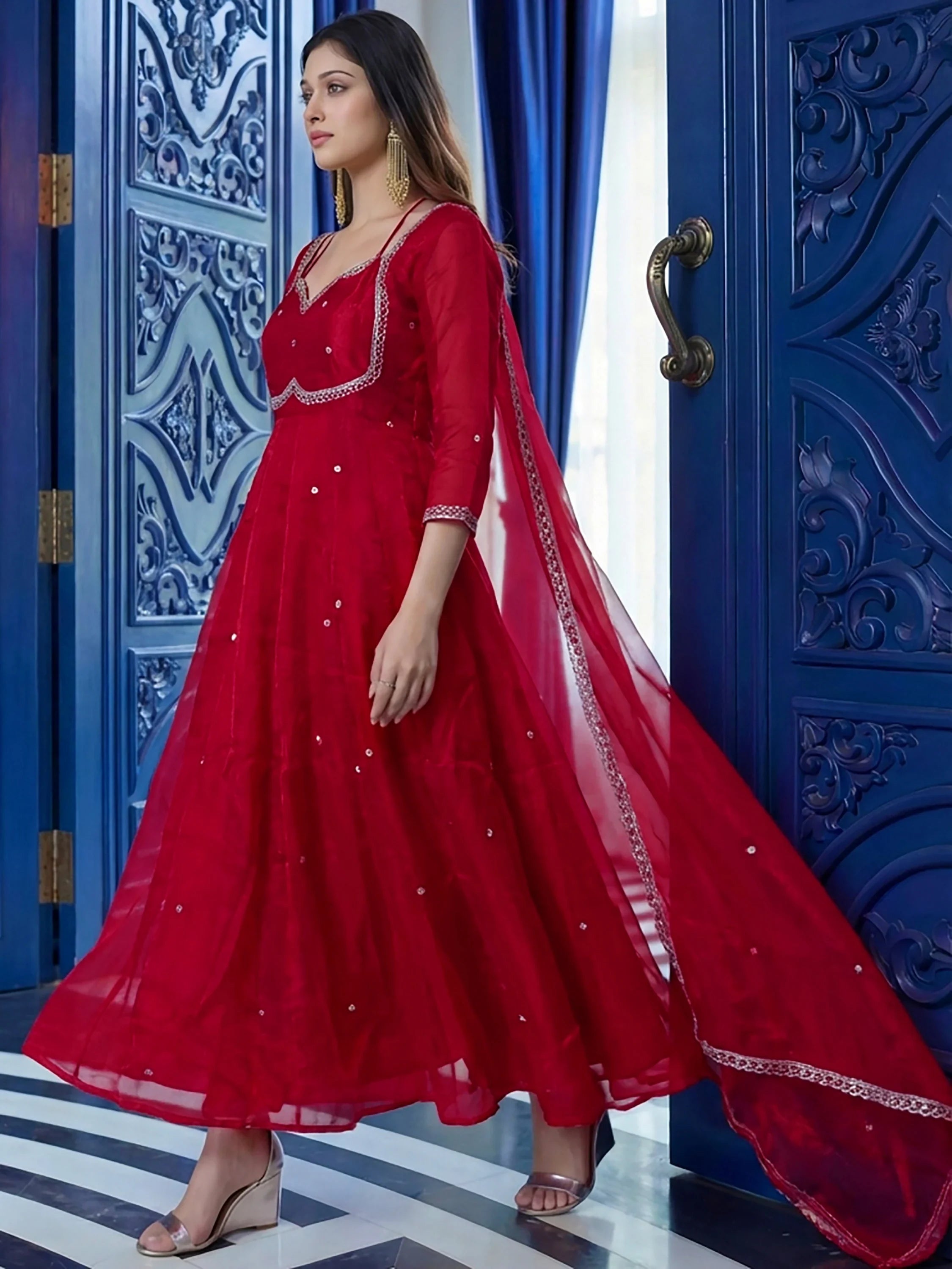 Maroon Beautiful Sequins Silk Haldi Wear Anarkali Gown