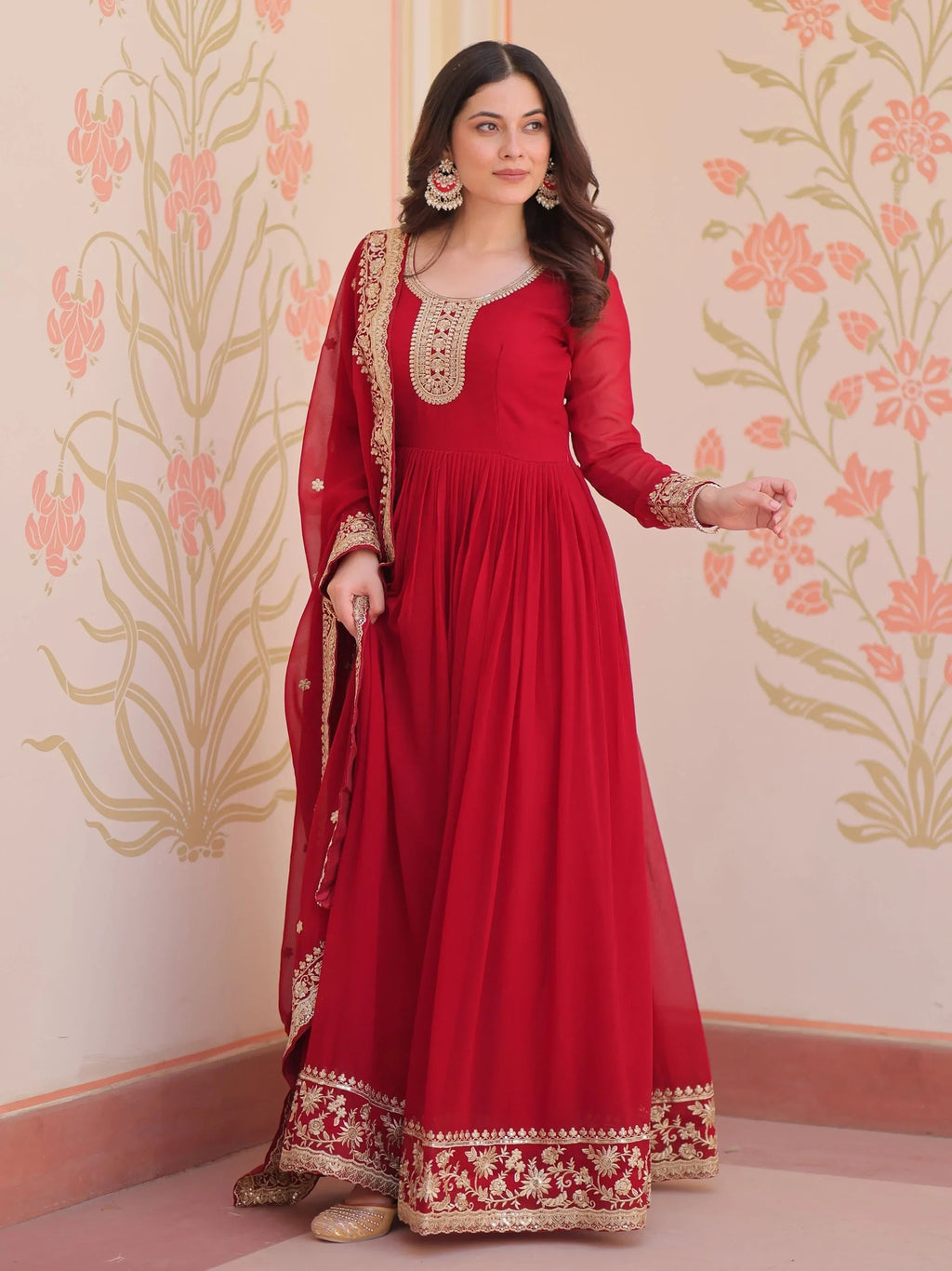Maroon Awesome Georgette Zari Embroidered Gown With Dupatta