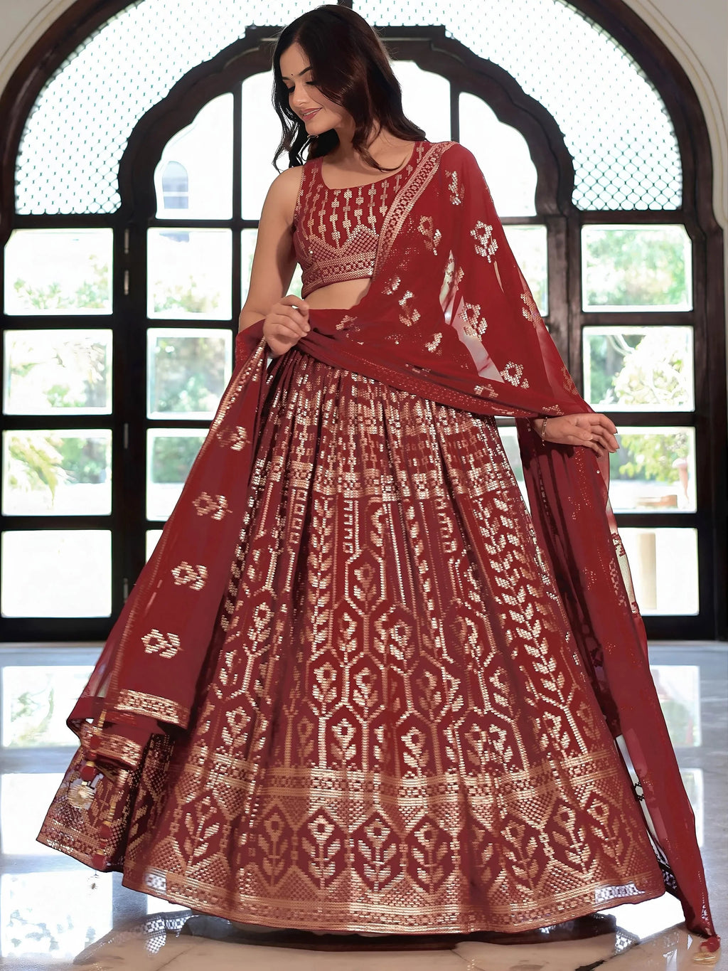 Maroon Lovely Sequins Georgette Sangeet Wear Lehenga Choli With Dupatta