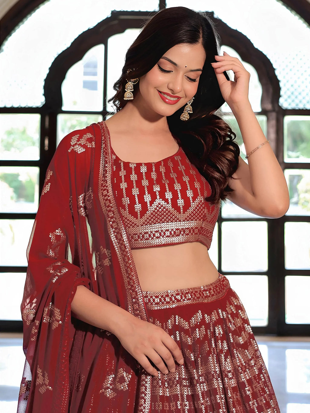 Maroon Lovely Sequins Georgette Sangeet Wear Lehenga Choli With Dupatta