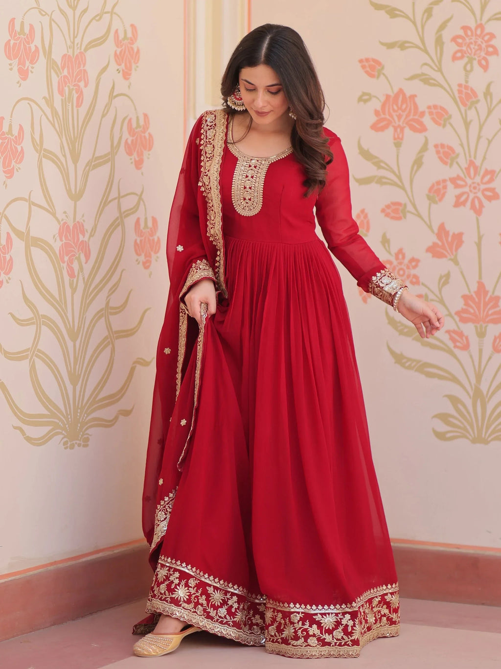 Maroon Awesome Georgette Zari Embroidered Gown With Dupatta