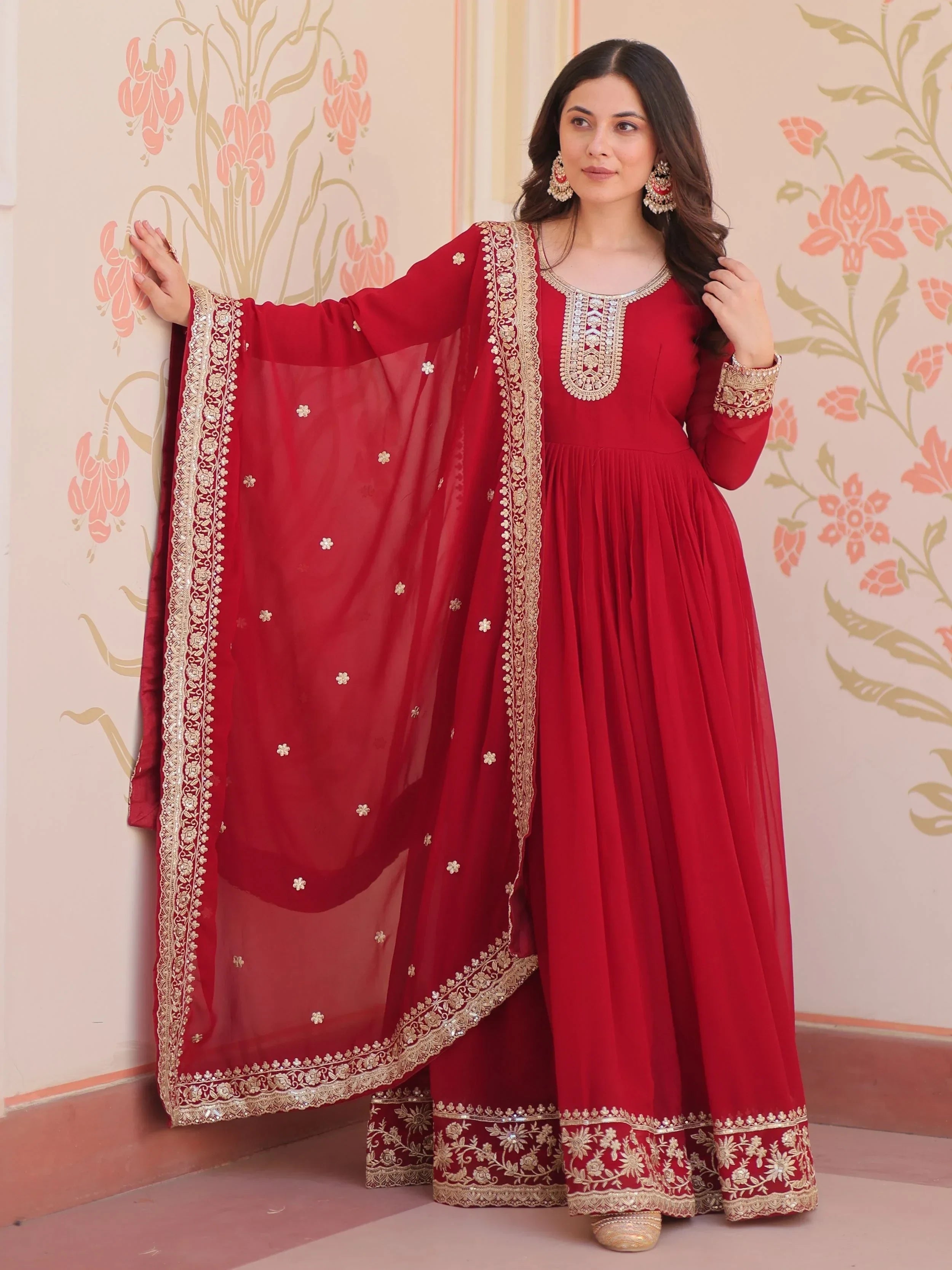 Maroon Awesome Georgette Zari Embroidered Gown With Dupatta