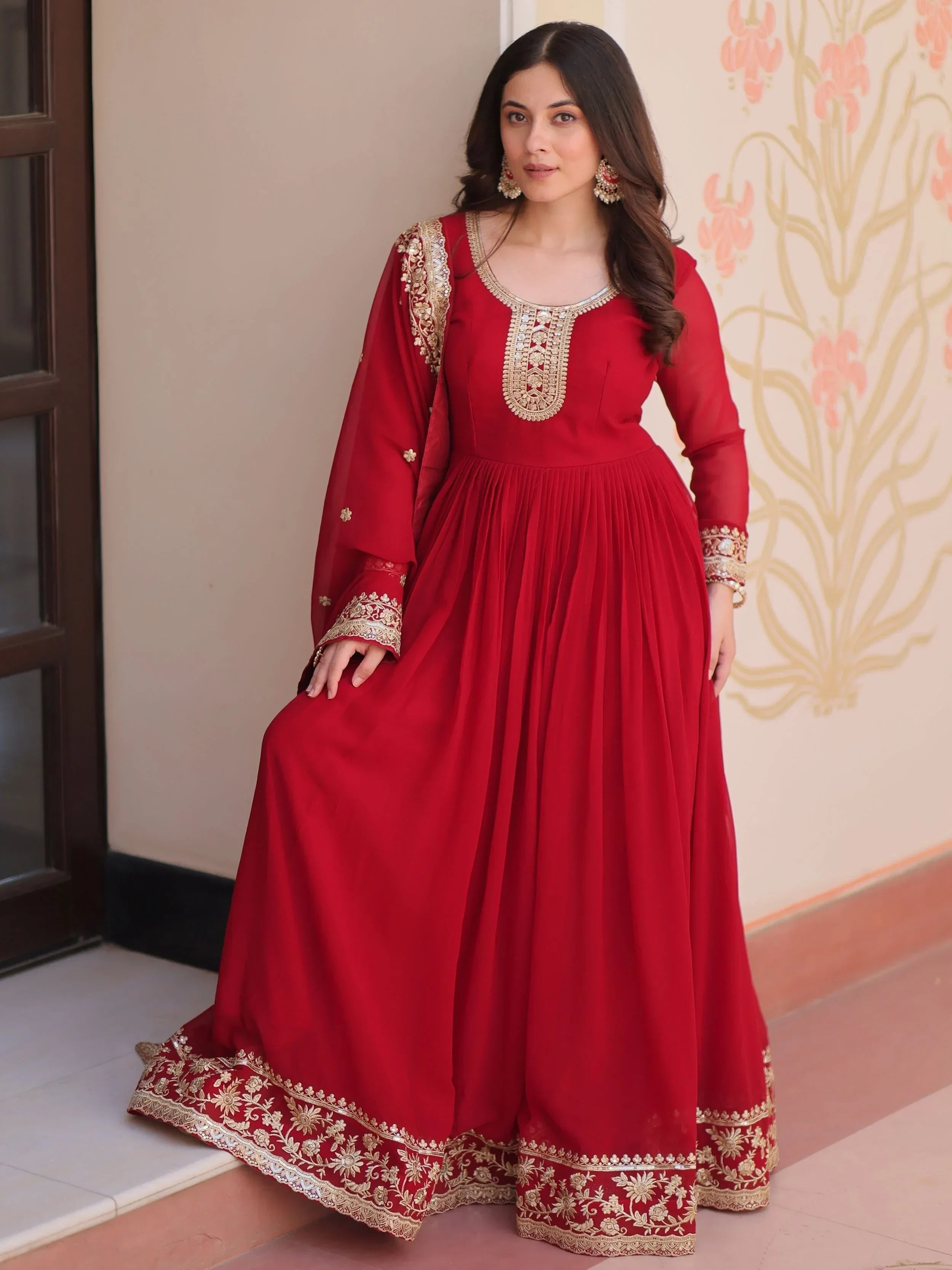 Maroon Awesome Georgette Zari Embroidered Gown With Dupatta