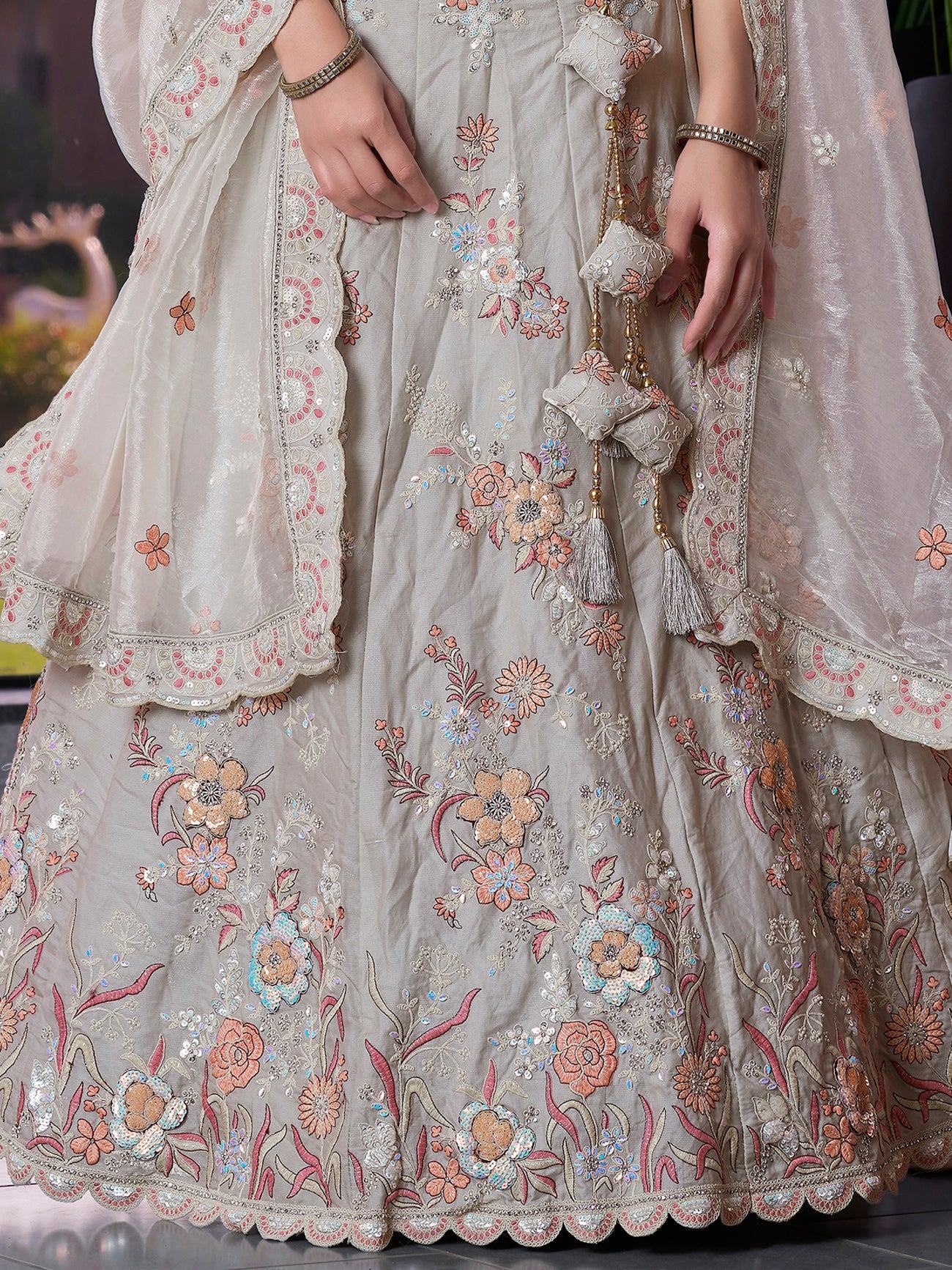 Marvelous Grey Jarkan Work Lehenga Choli With Organza Dupatta