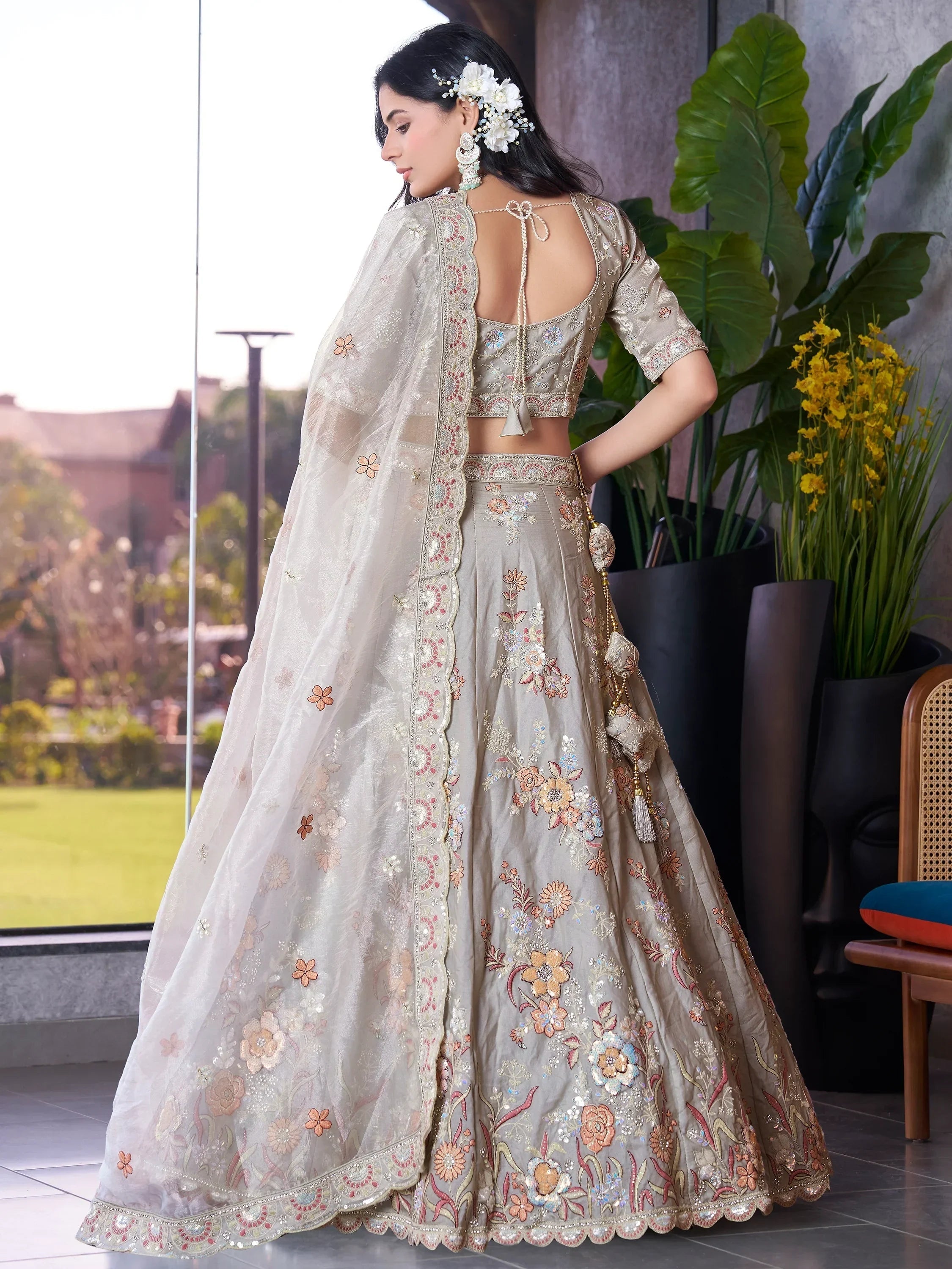Marvelous Grey Jarkan Work Lehenga Choli With Organza Dupatta